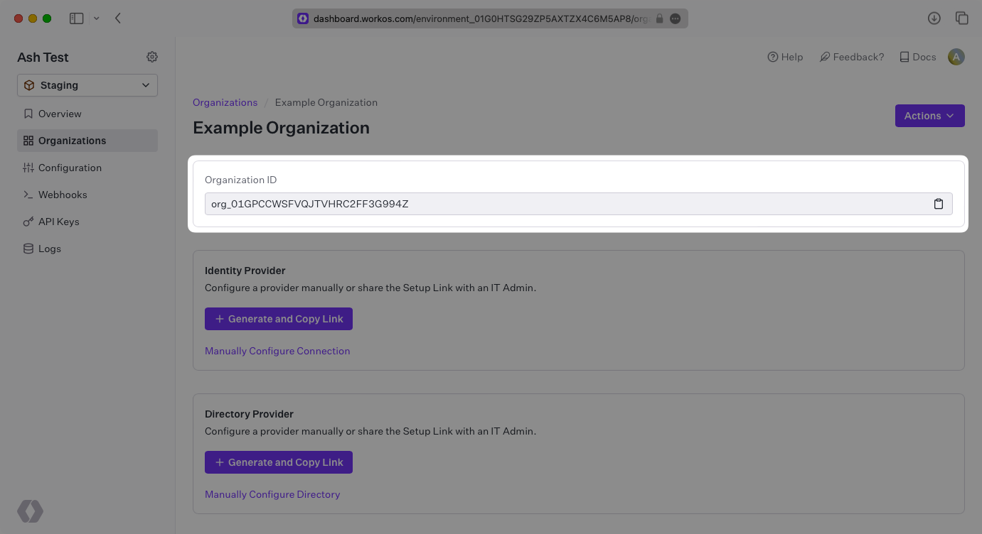 A screenshot showing where to find an Organization ID in the WorkOS dashboard.