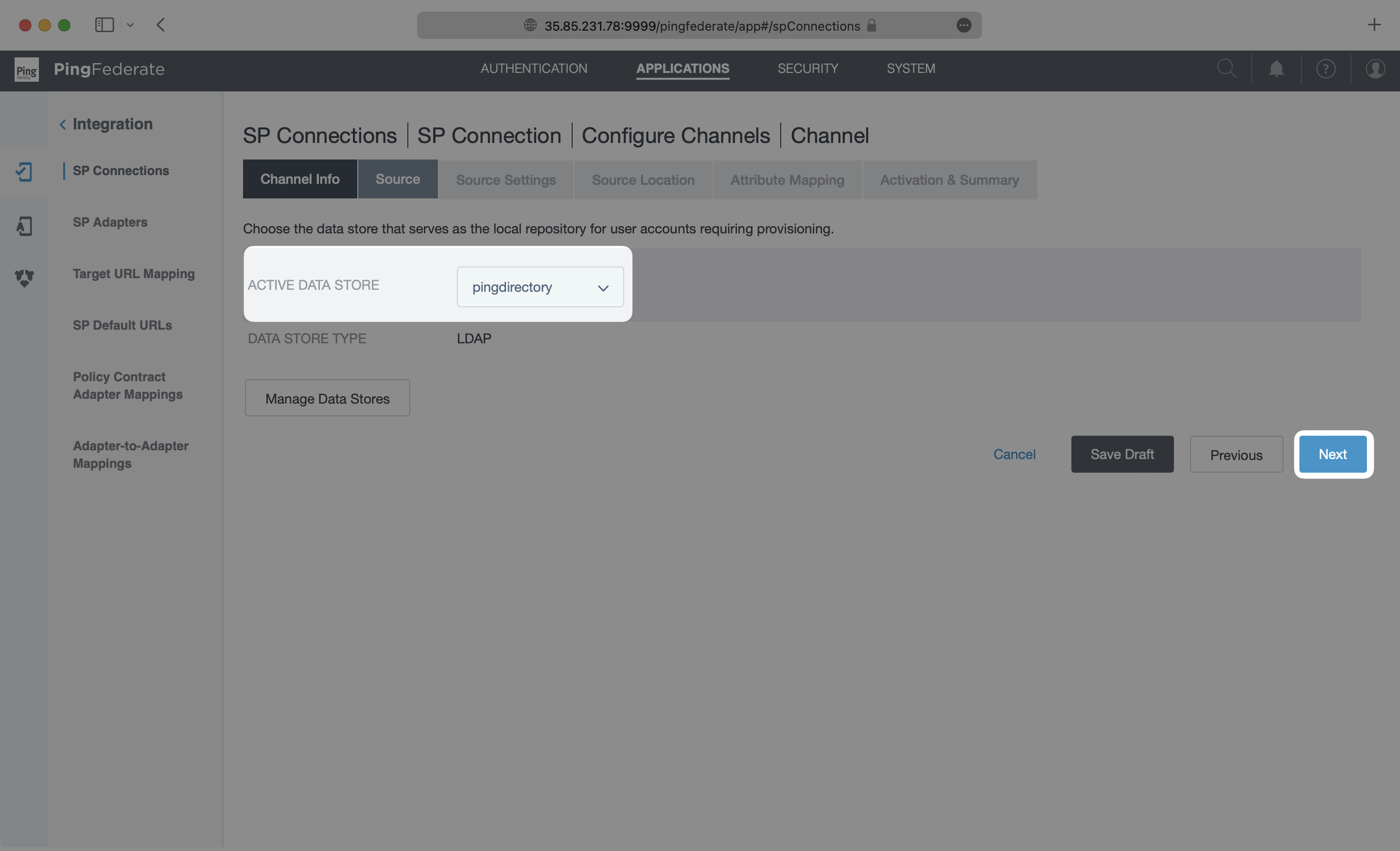 A screenshot showing where to configure the channel source in PingFederate.