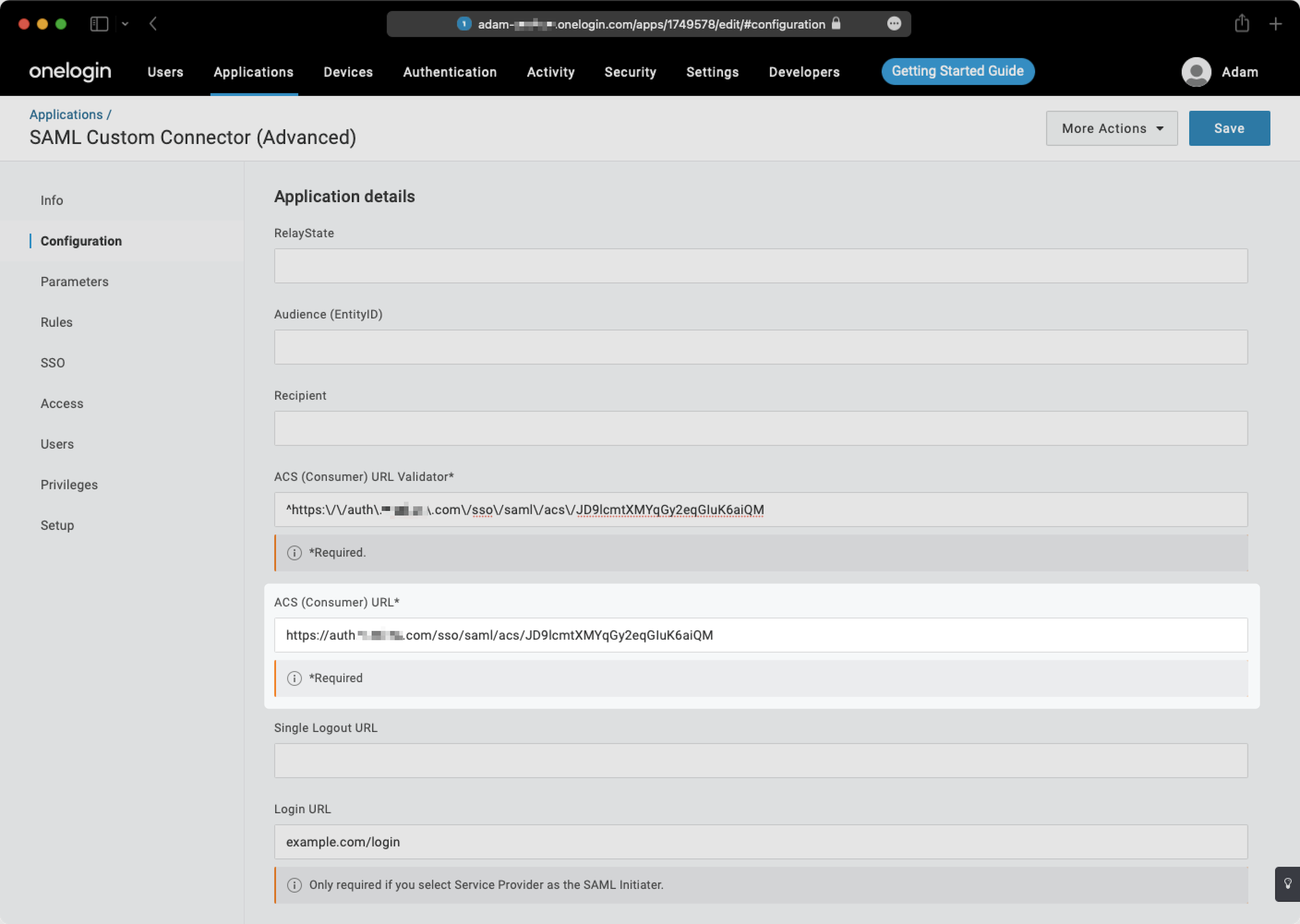 A screenshot showing where to submit the 'ACS URL' in the OneLogin Dashboard.