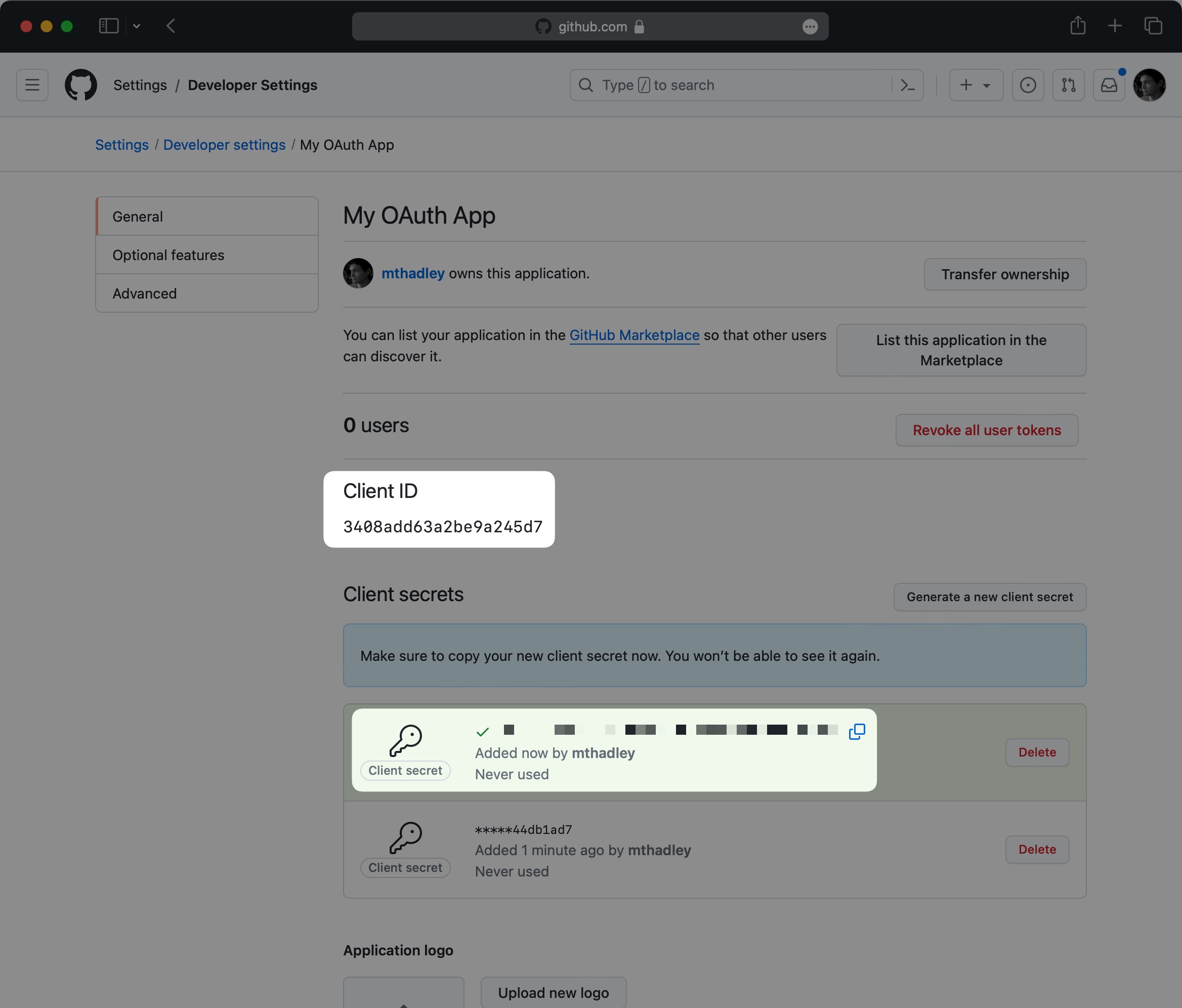 A screenshot showing OAuth client credentials in the GitHub developer settings