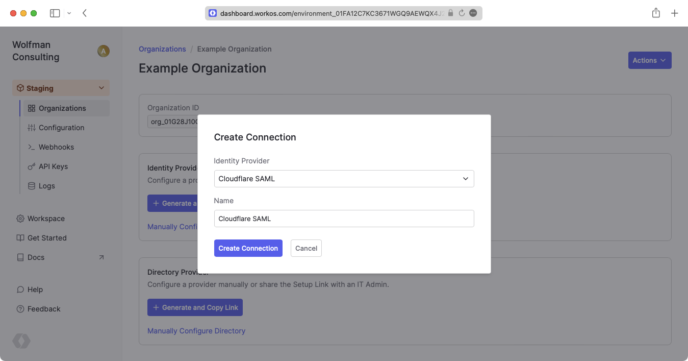 A screenshot showing how to create a Cloudflare SAML Connection.