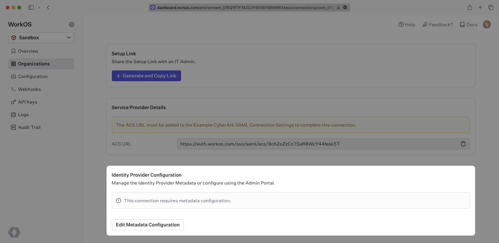 A screenshot showing where to select "Edit Metadata Configuration" in the "Identity Provider Configuration" in the WorkOS dashboard.