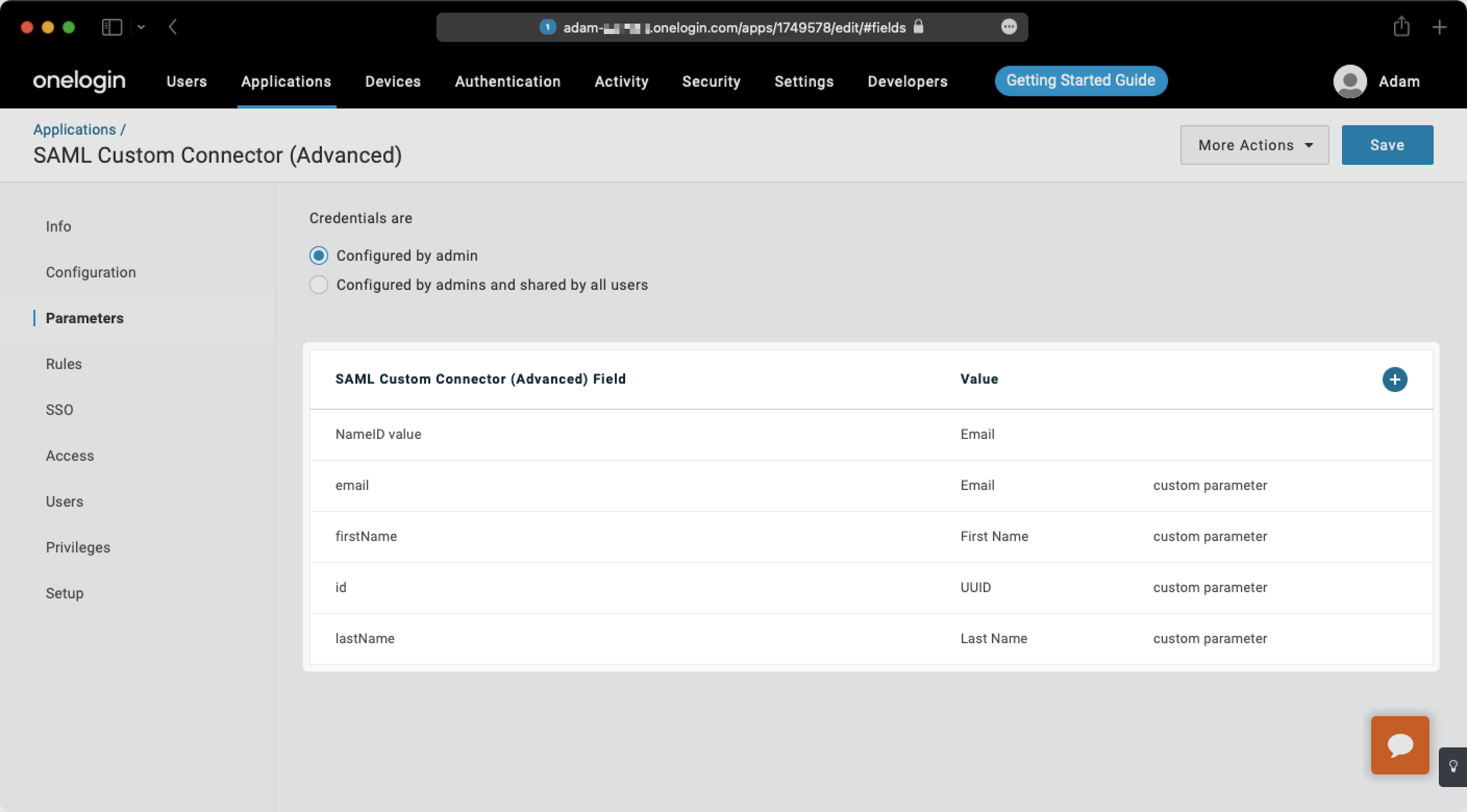 A screenshot showing where to set up user attributes in the OneLogin Dashboard.