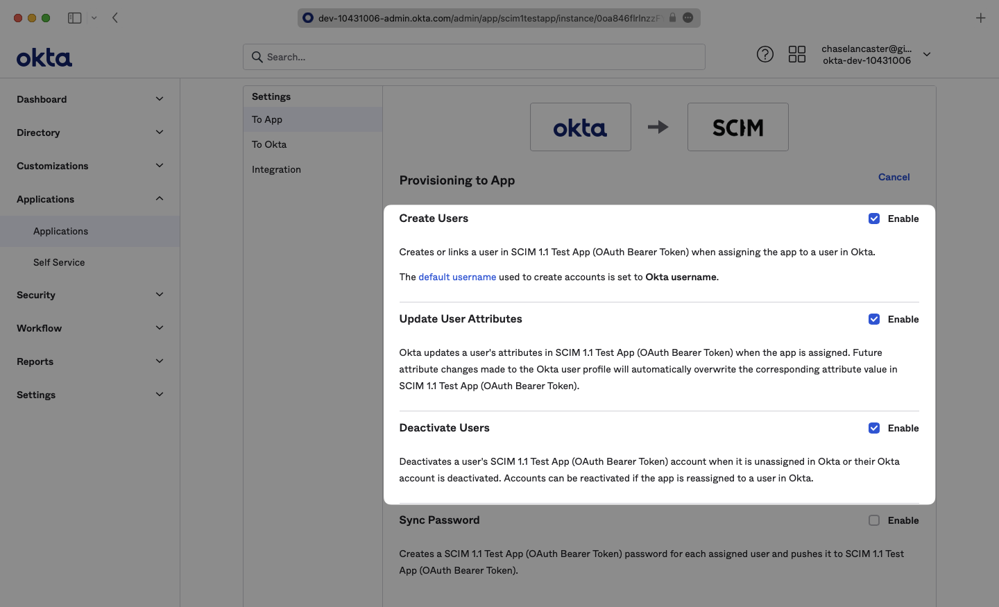 A screenshot showing where to enable "Create Users", "Update User Attributes", and "Deactivate Users" in the "To App" tab in Okta.