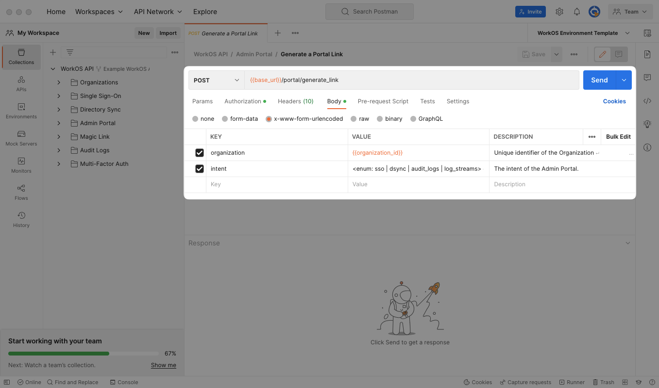 A screenshot showing the Generate a Portal Link request in Postman.