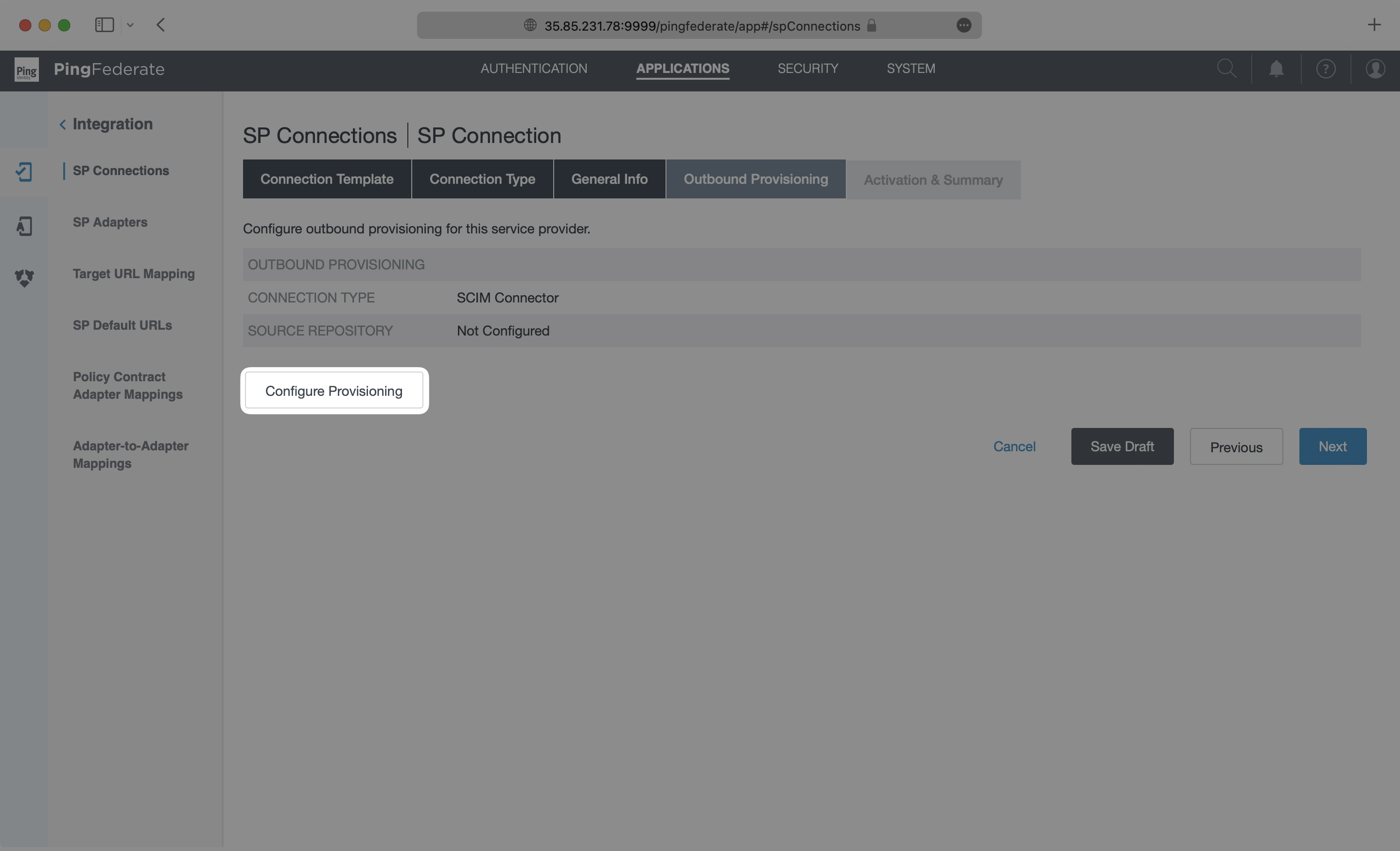 A screenshot showing where to click "Configure Provisioning" in PingFederate.