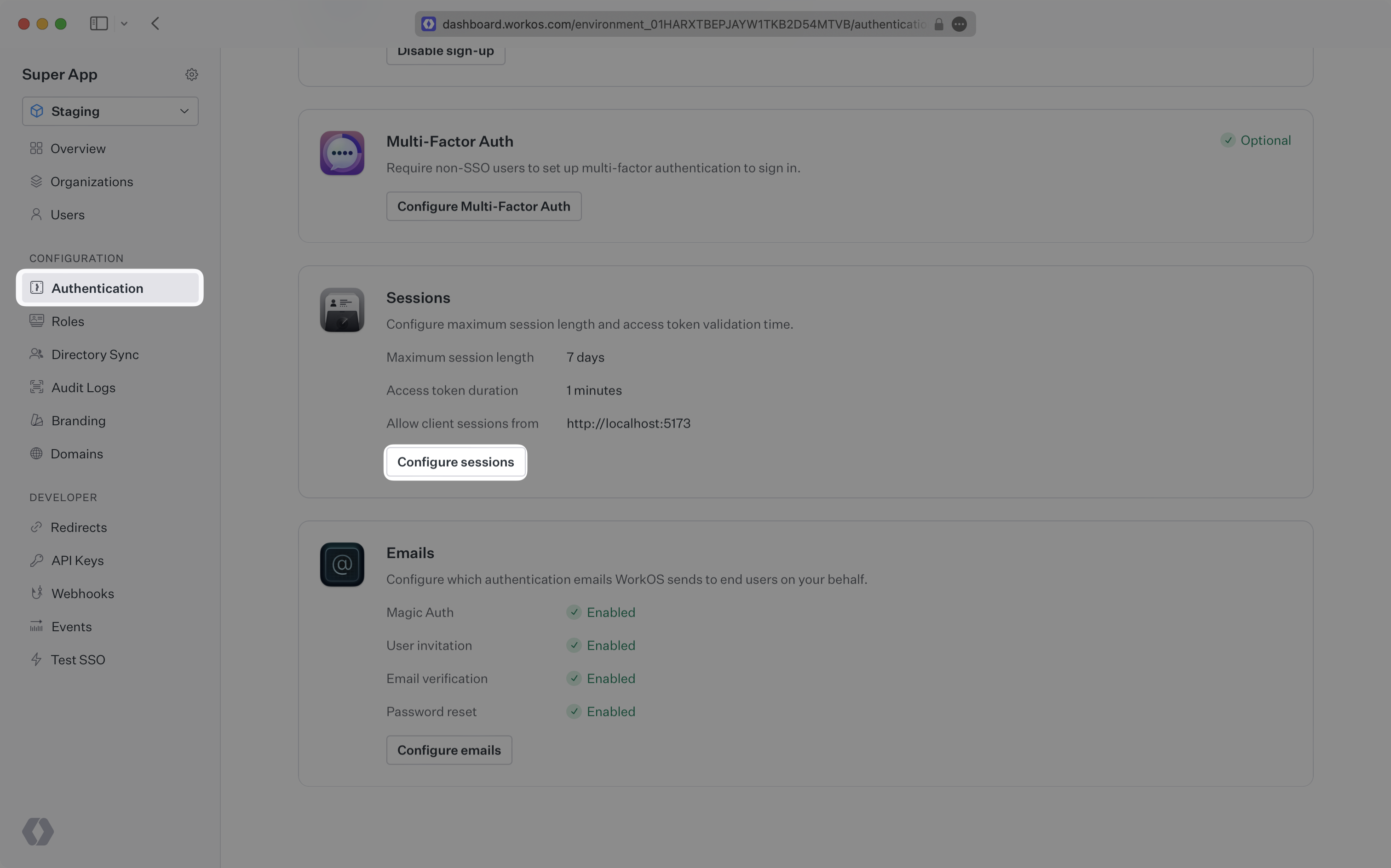 Screenshot of the WorkOS dashboard showing the "Configure Sessions" option in the "Authentication" section.