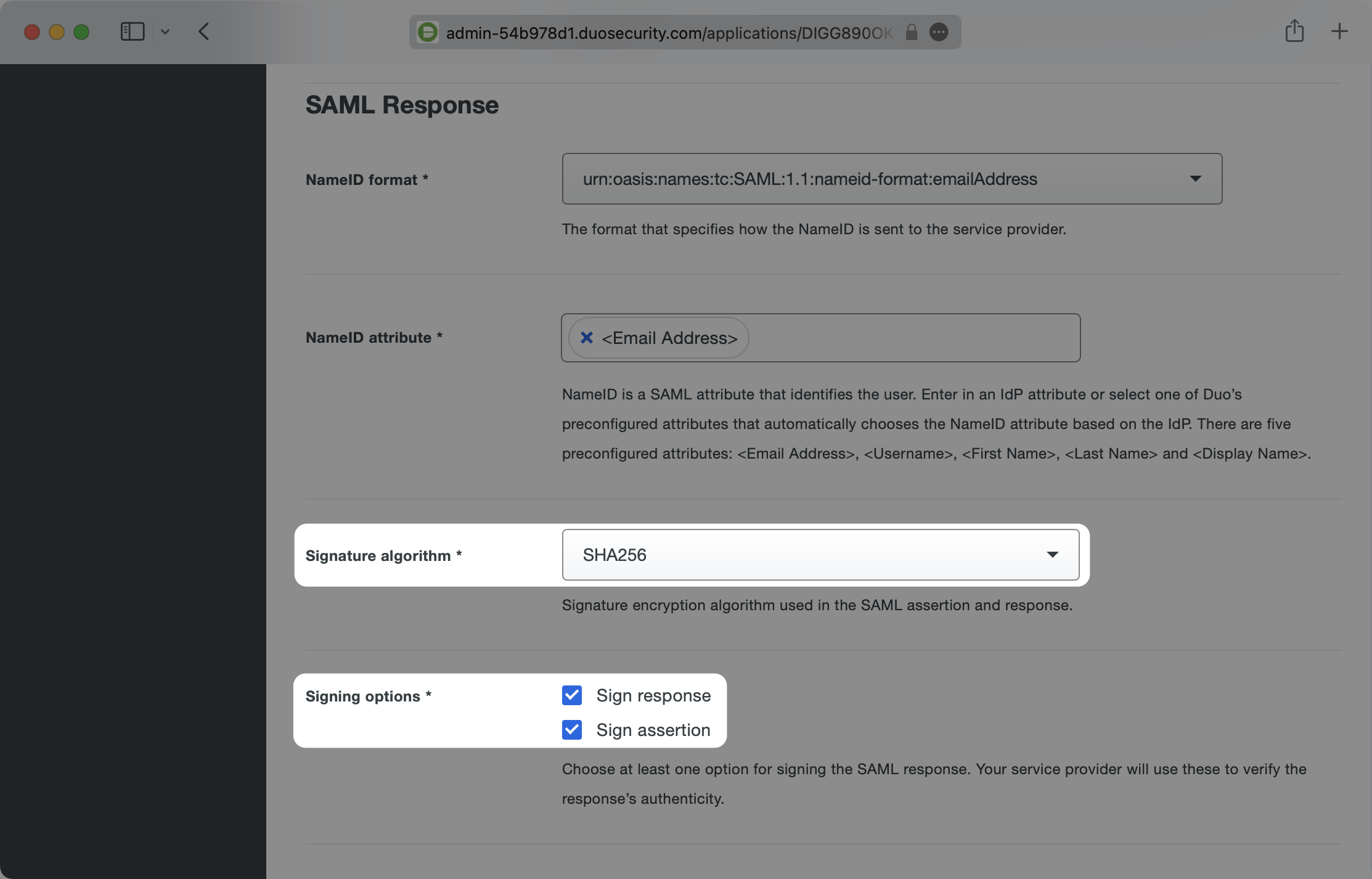 A screenshot showing where to configure the SAML Response Signing.