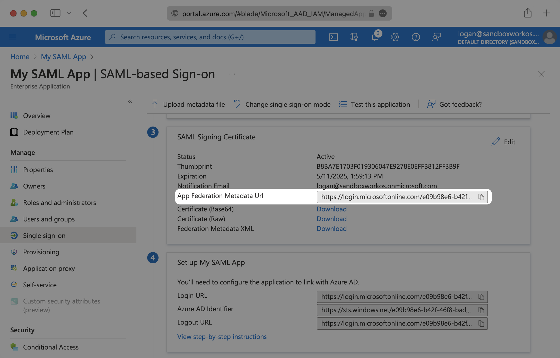 A screenshot showing where to select the "App Federation Metadata URL" in the Azure dashboard.
