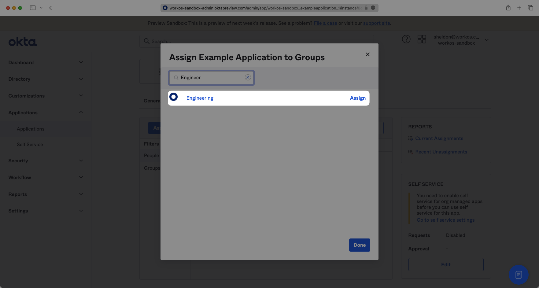 A screenshot showing the selecting of groups to add to the Application in the Okta Dashboard.