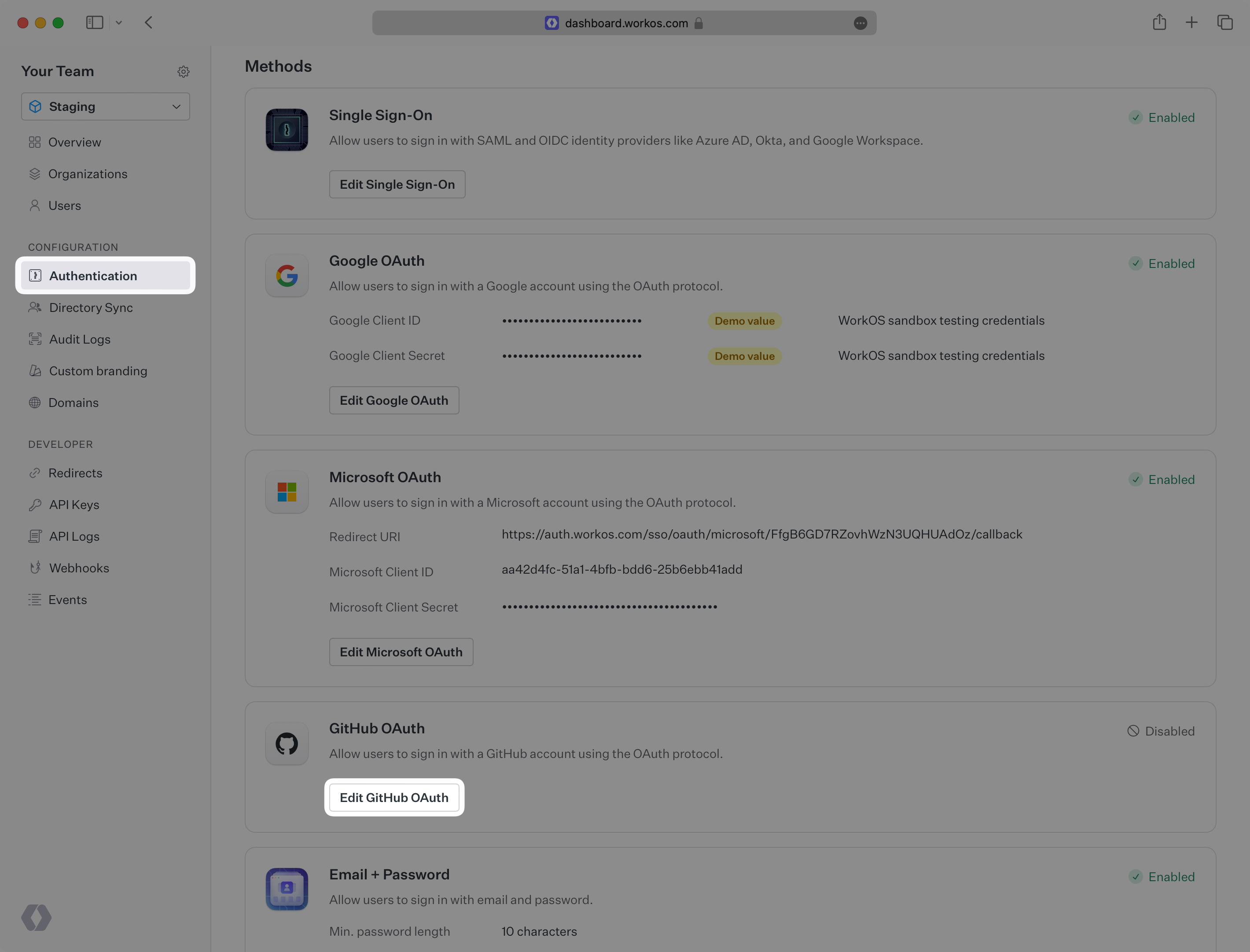 A screenshot showing the GitHub OAuth section in the WorkOS Dashboard.