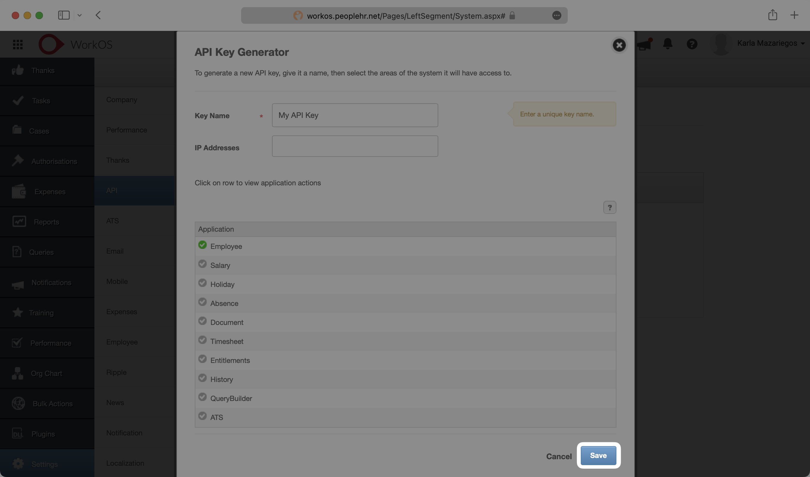A screenshot showing the API Key Generator page in the Access People HR Dashboard.