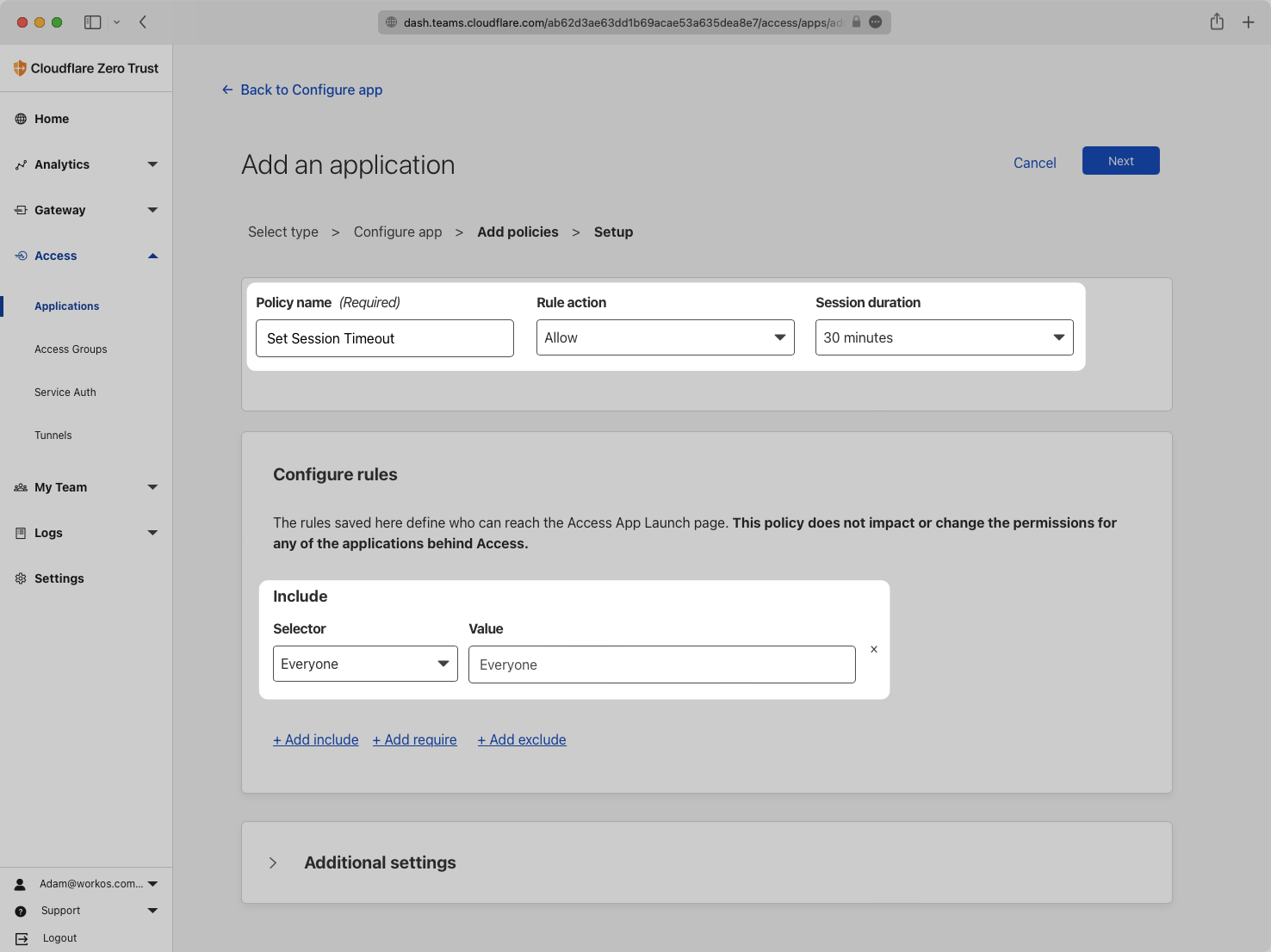 A screenshot showing where to configure policy and rules for the Cloudflare application.