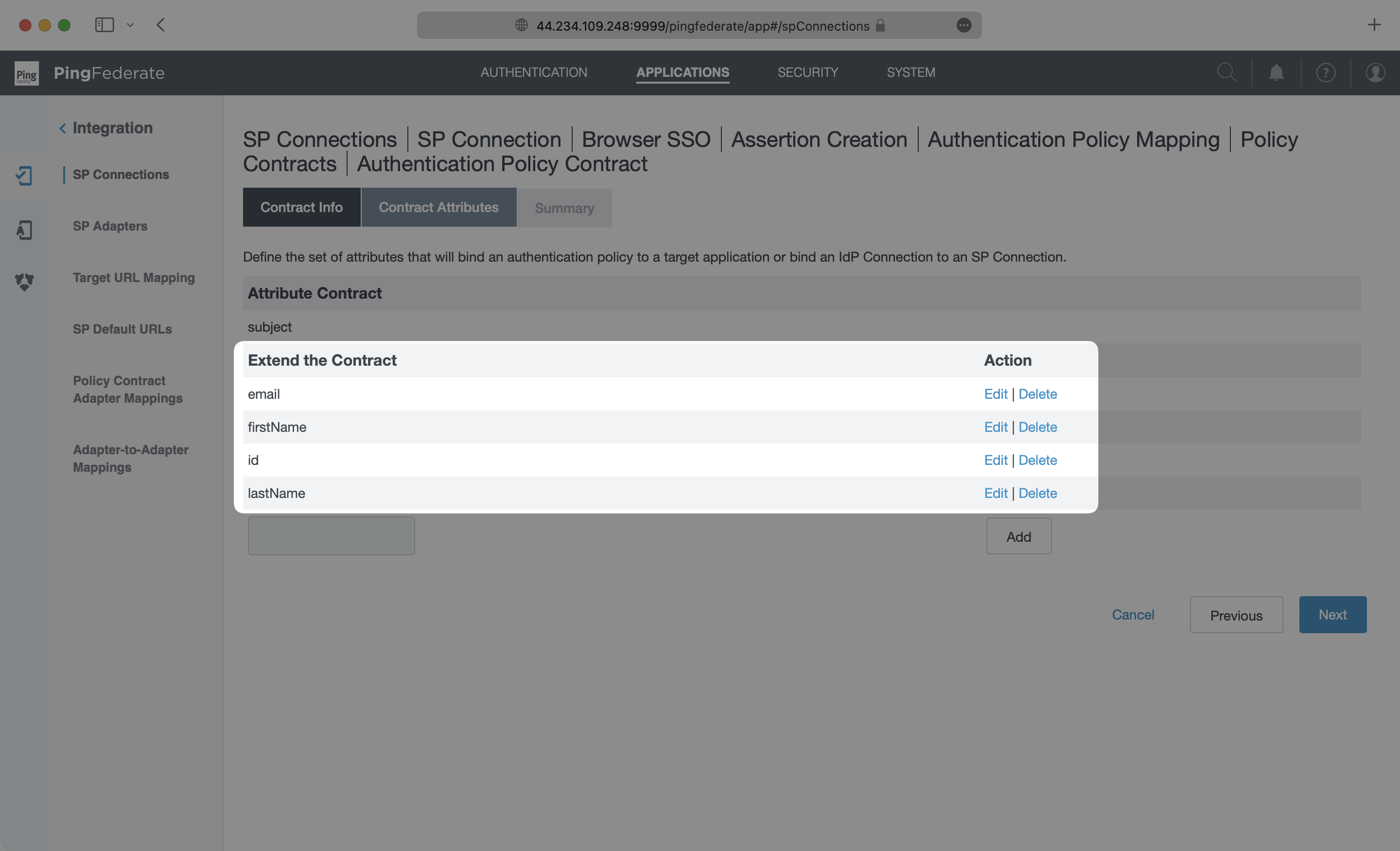 A screenshot showing where to extend the Authentication Policy Contract in PingFederate.