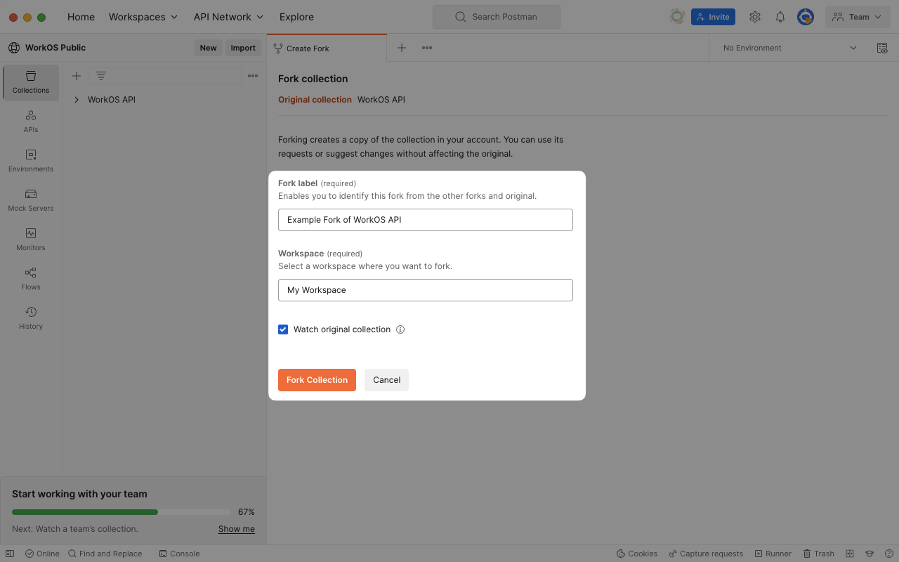 A screenshot showing the fork collection details page in Postman.