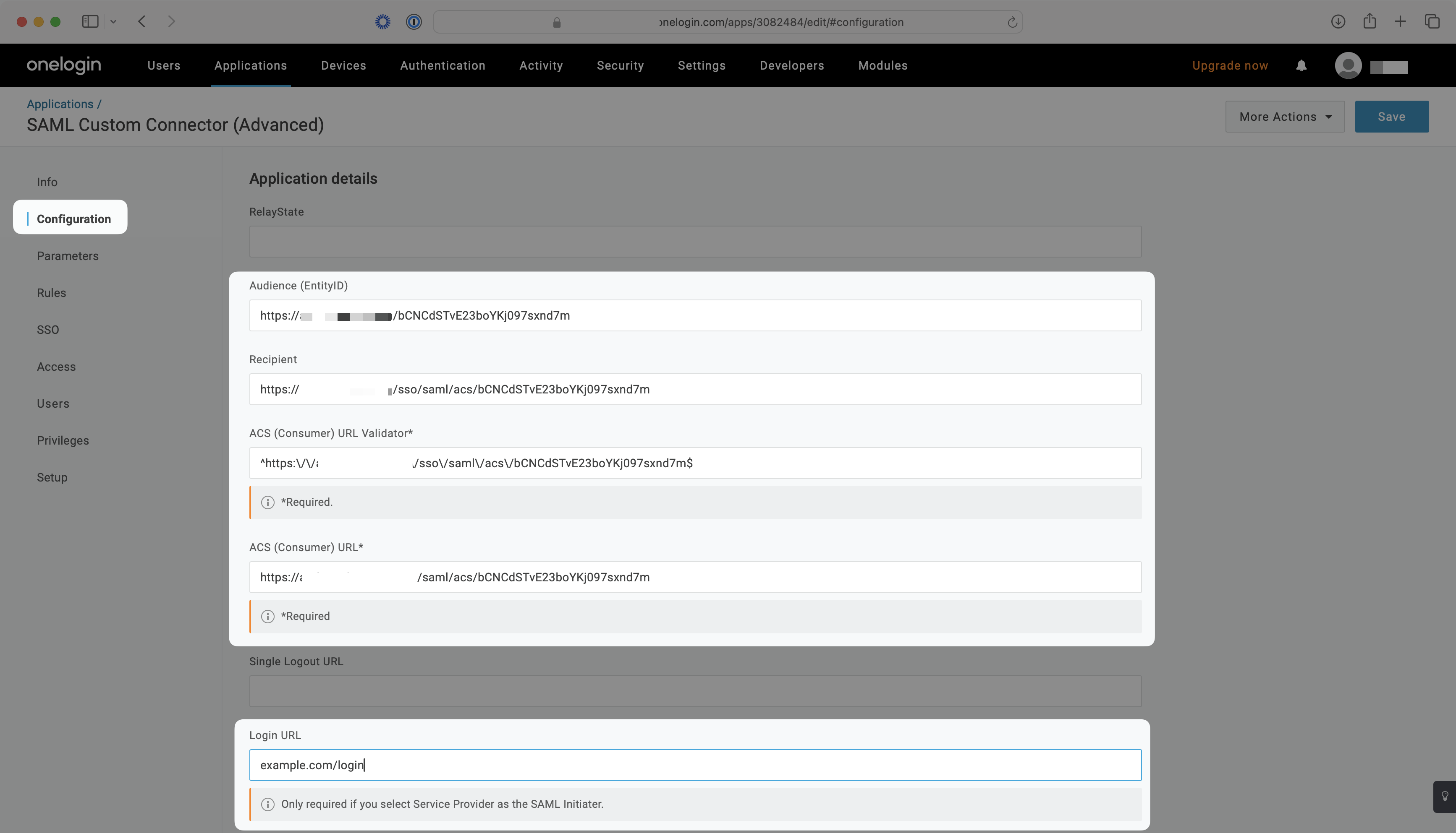A screenshot showing how to configure URLs in your OneLogin SAML Application within the OneLogin Dashboard.