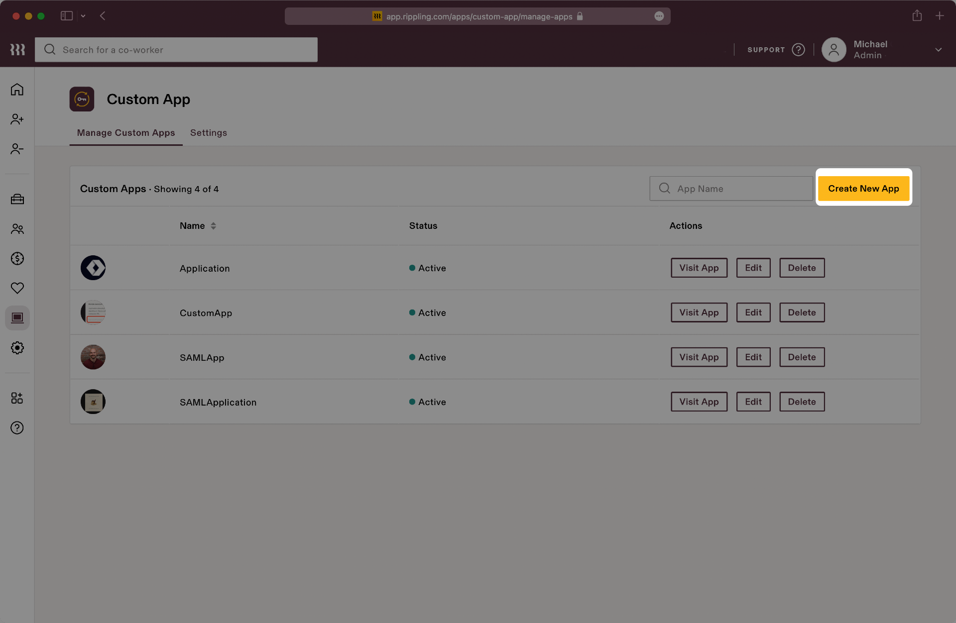 A screenshot showing where to select "Create New App" in the Rippling dashboard.