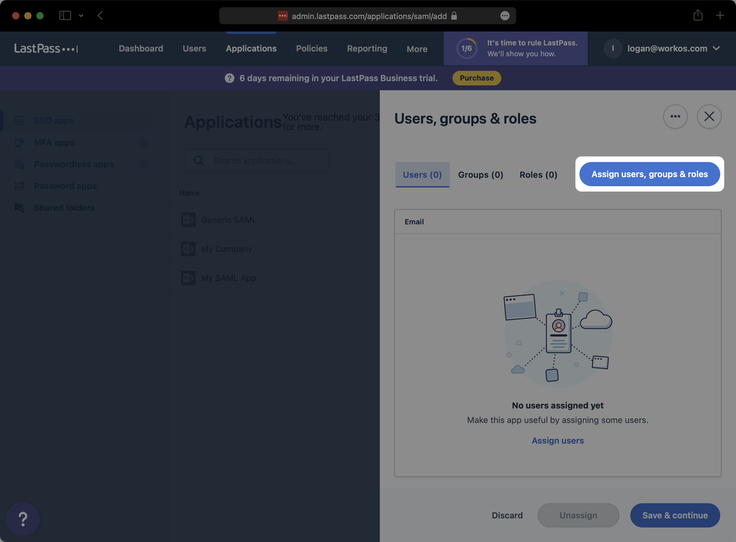 A screenshot showing to select "Assign users, groups & roles" for your LastPass SAML app.