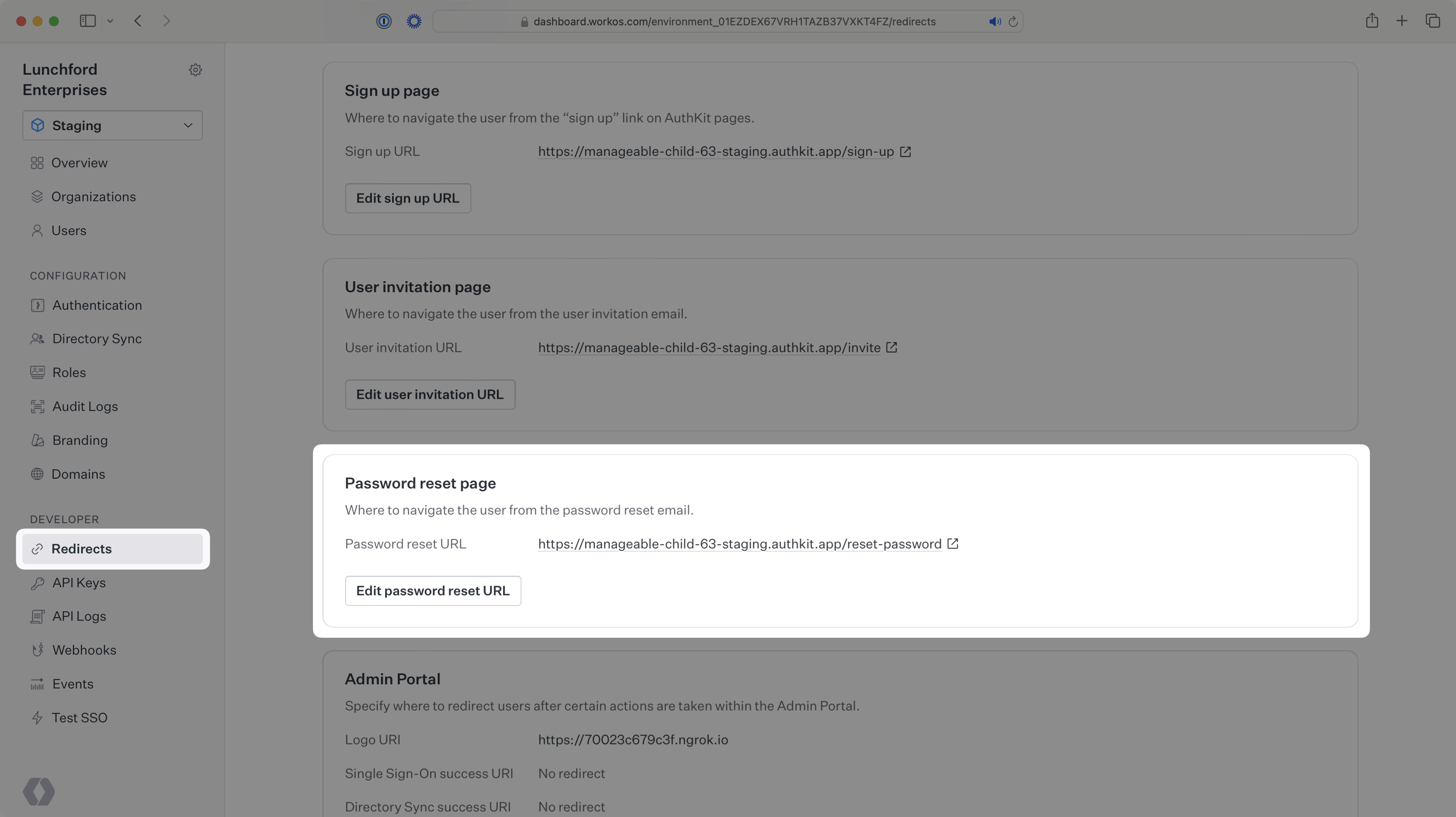 A screenshot showing the WorkOS Dashboard configuration card for password reset URL