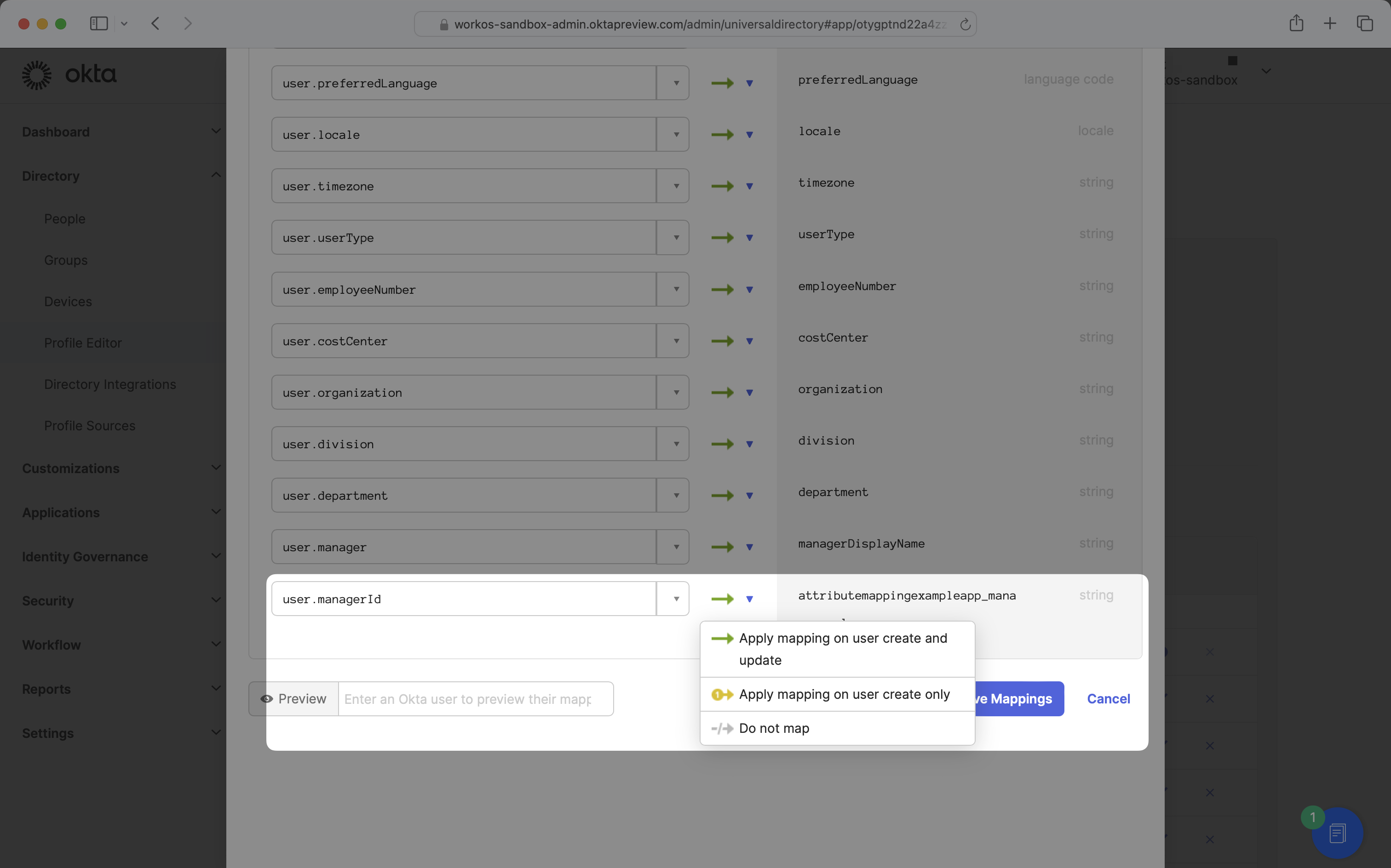 Okta apply mappings selection