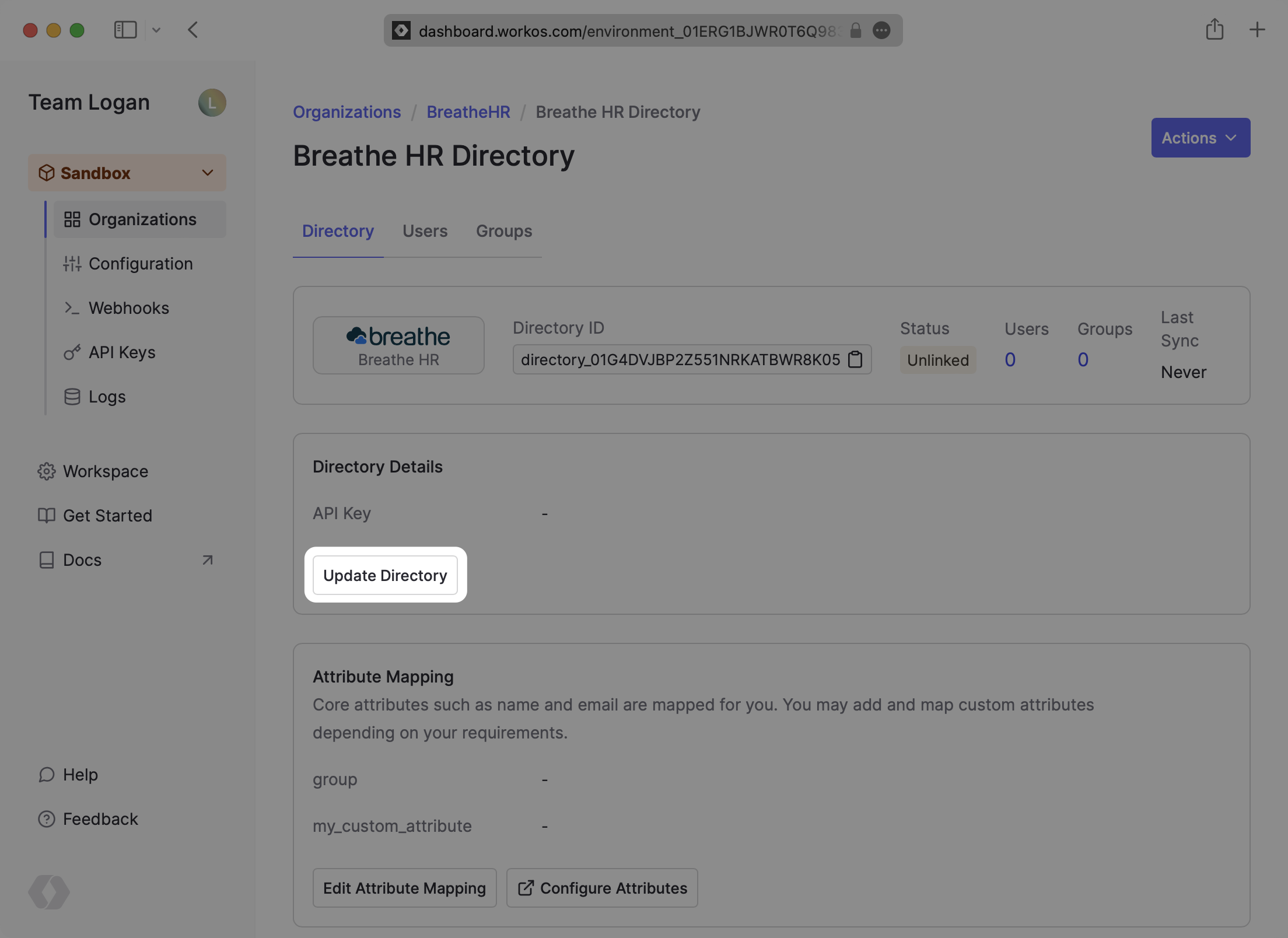A screenshot showing where to select "Update Directory" in the WorkOS dashboard.