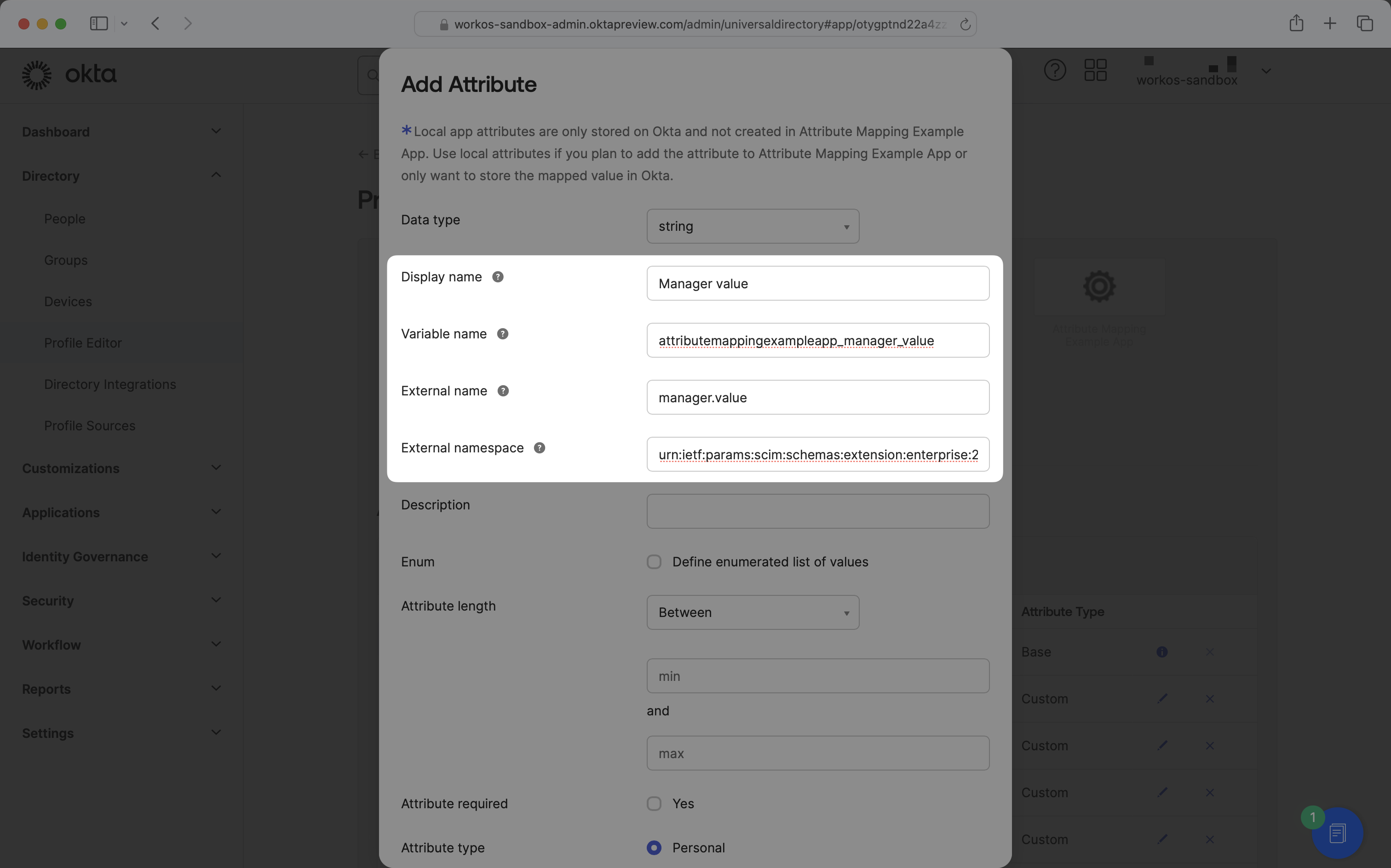 Okta add attribute dialog