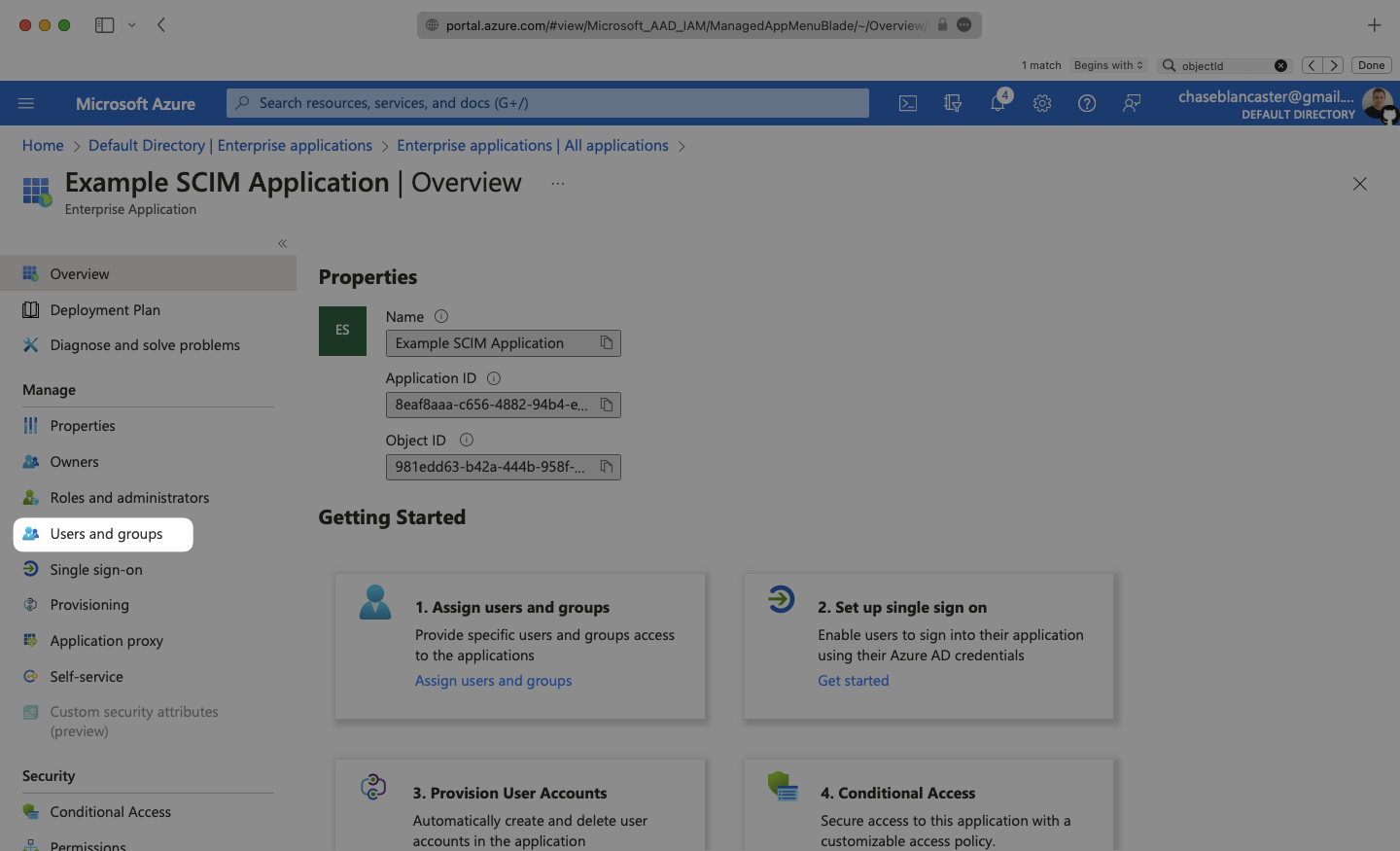 A screenshot showing where to navigate to "Users and groups" from the "Manage" section in Azure.