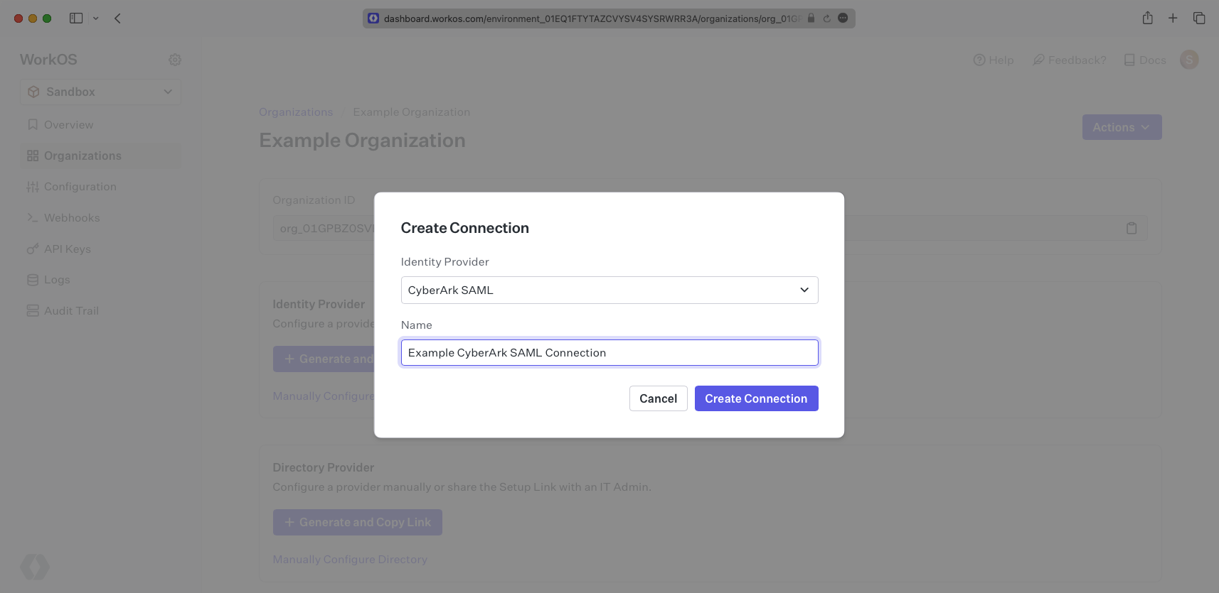 A screenshot showing the "Create Connection" modal in the WorkOS dashboard.