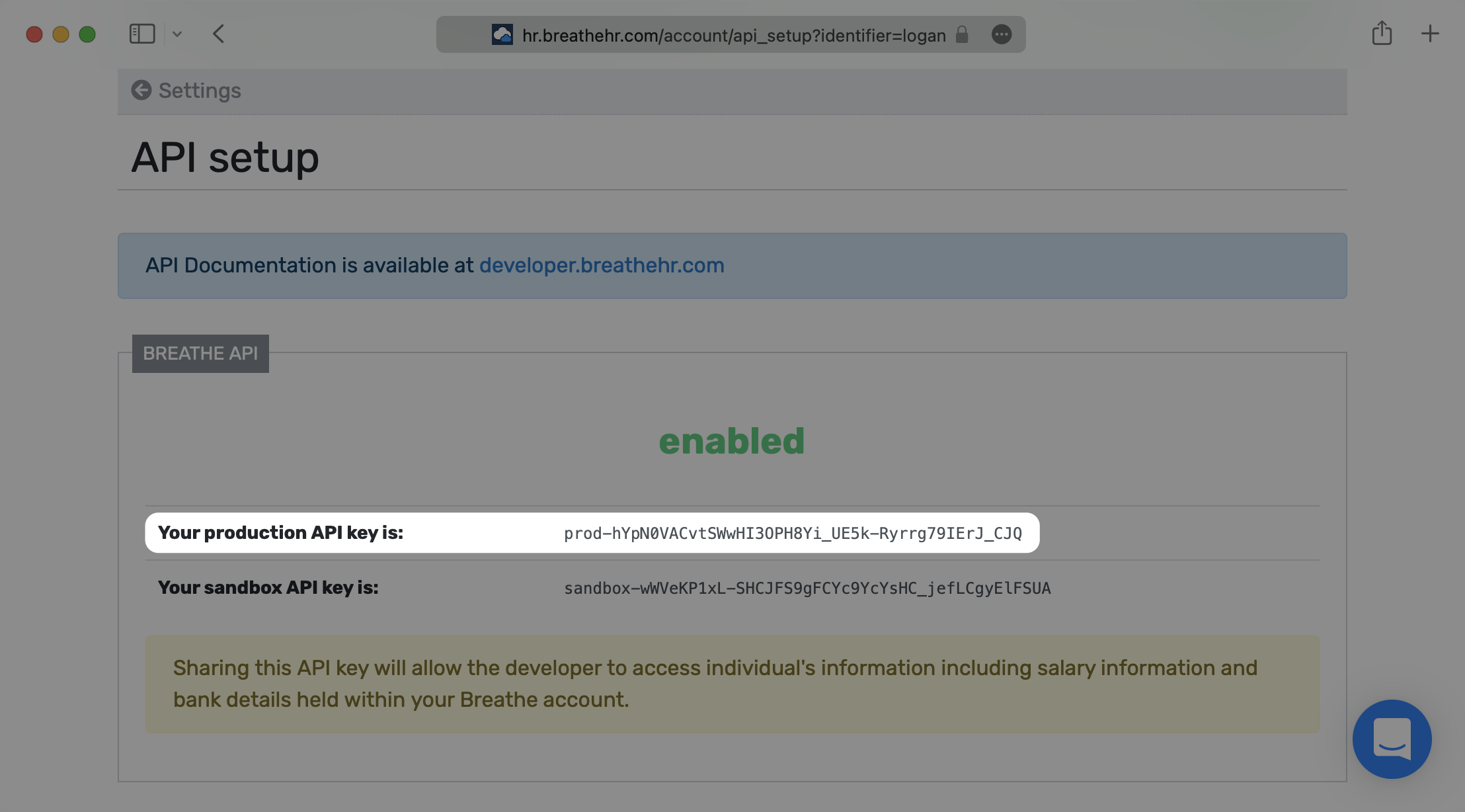 A screenshot showing where to select the production API key in the "API Setup" section of the Breathe HR dashboard.