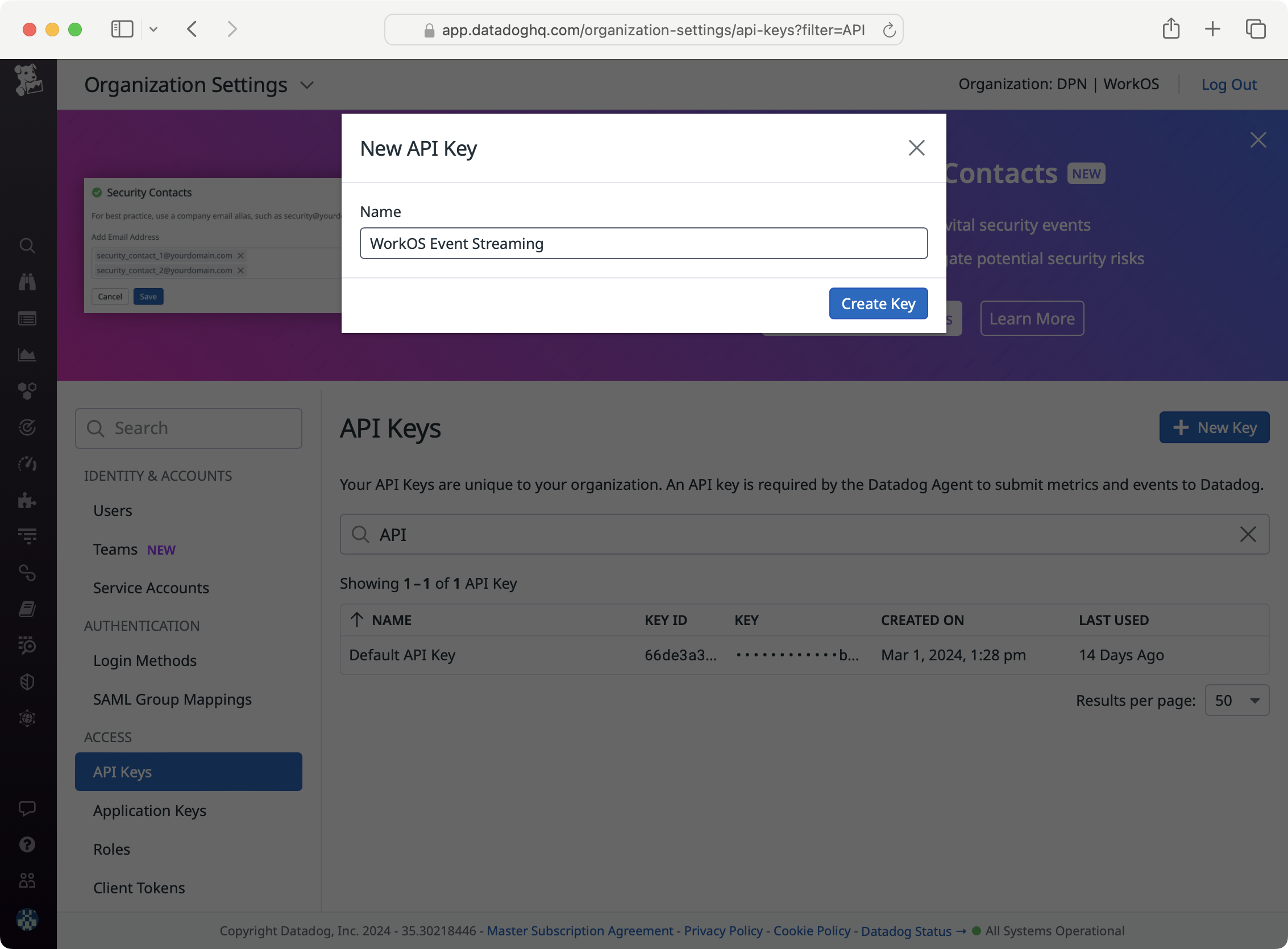 A screenshot showing how to create an API key in the Datadog dashboard.