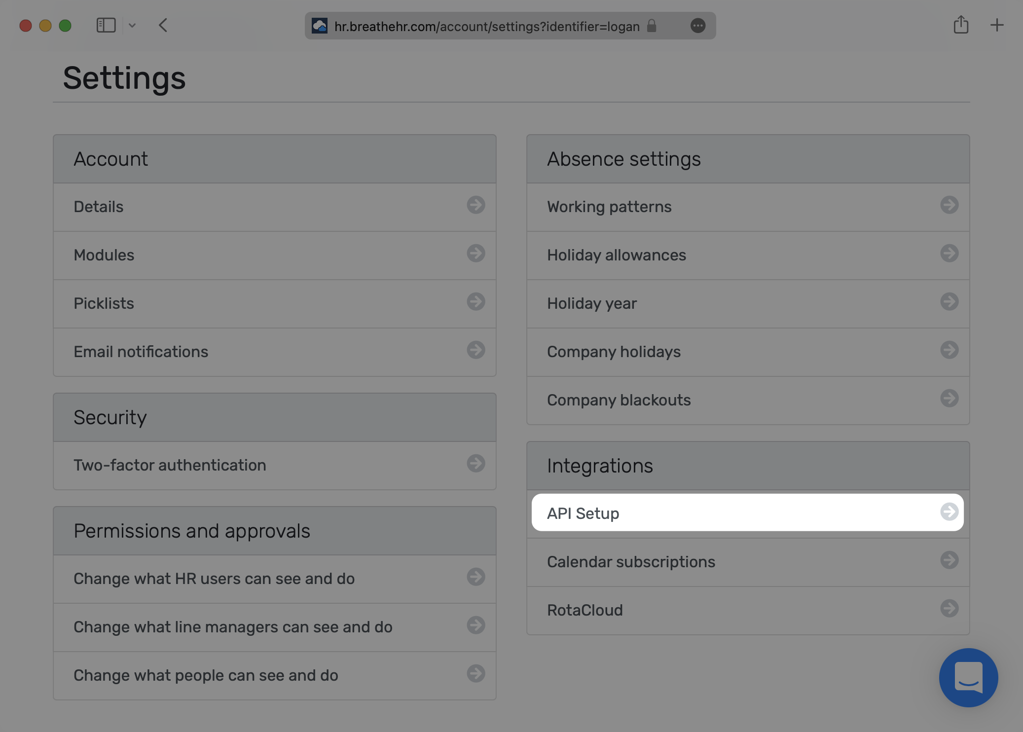 A screenshot showing where to select "API Setup" in the Breathe HR dashboard settings.