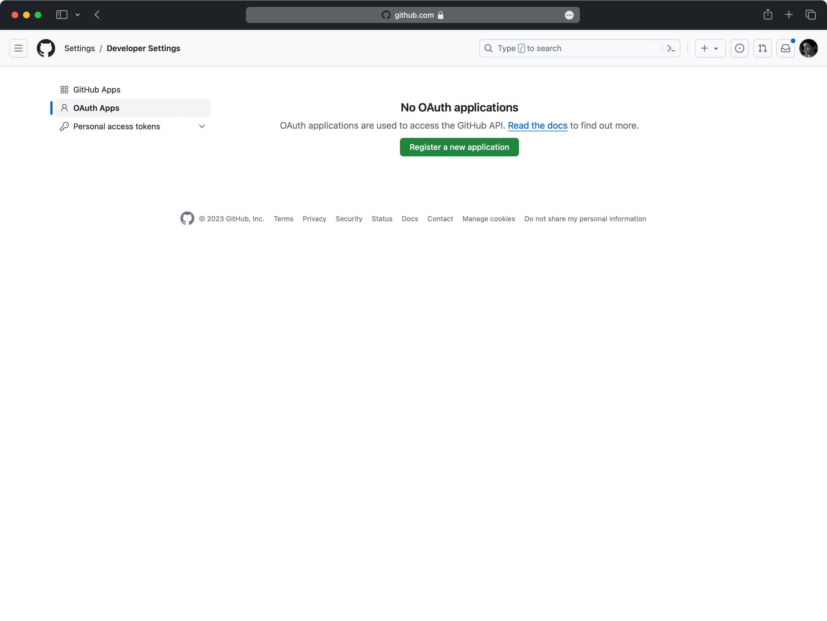 A screenshot showing the GitHub page to register a new OAuth application.