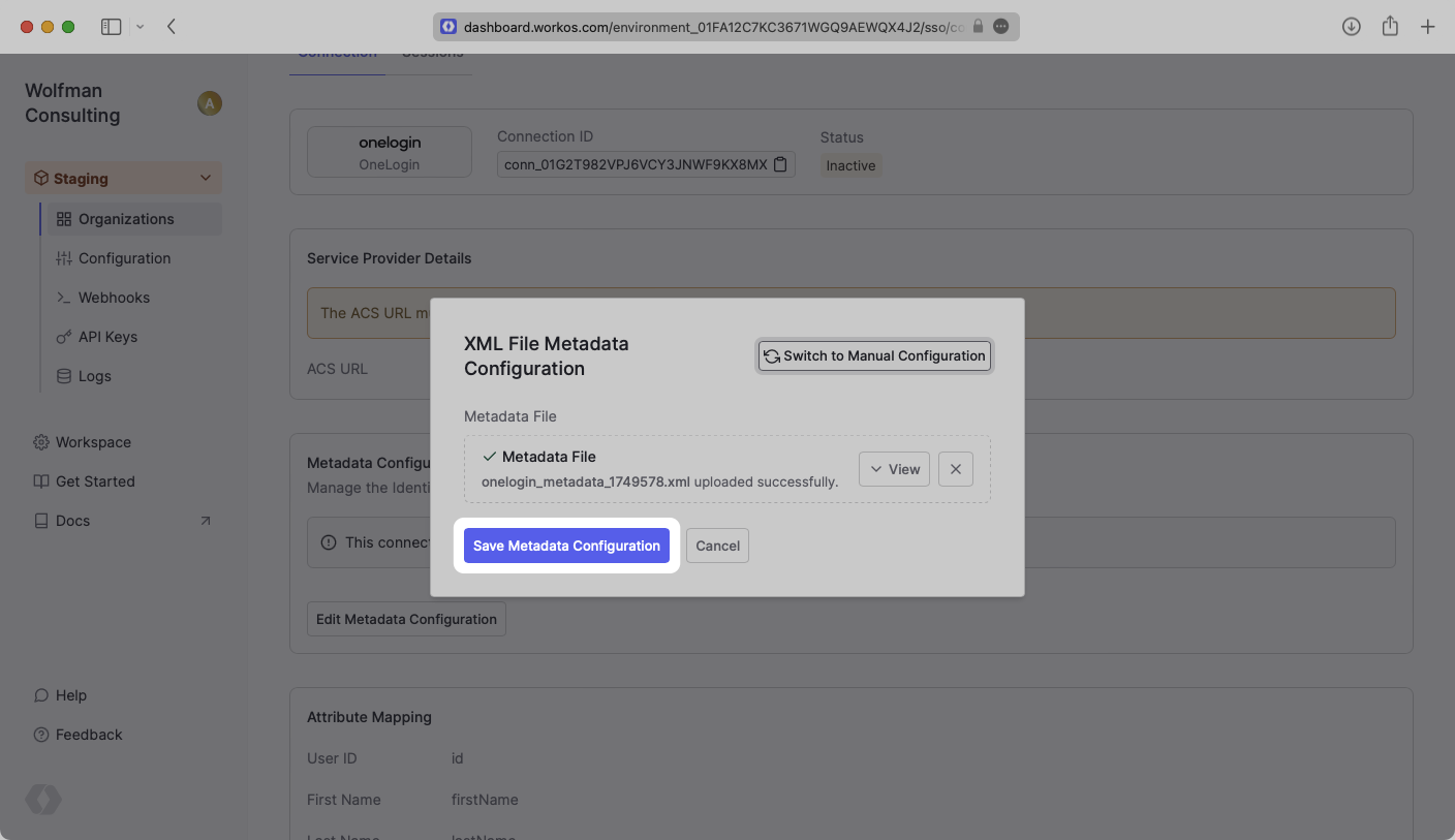 Upload Metadata File in WorkOS Dashboard