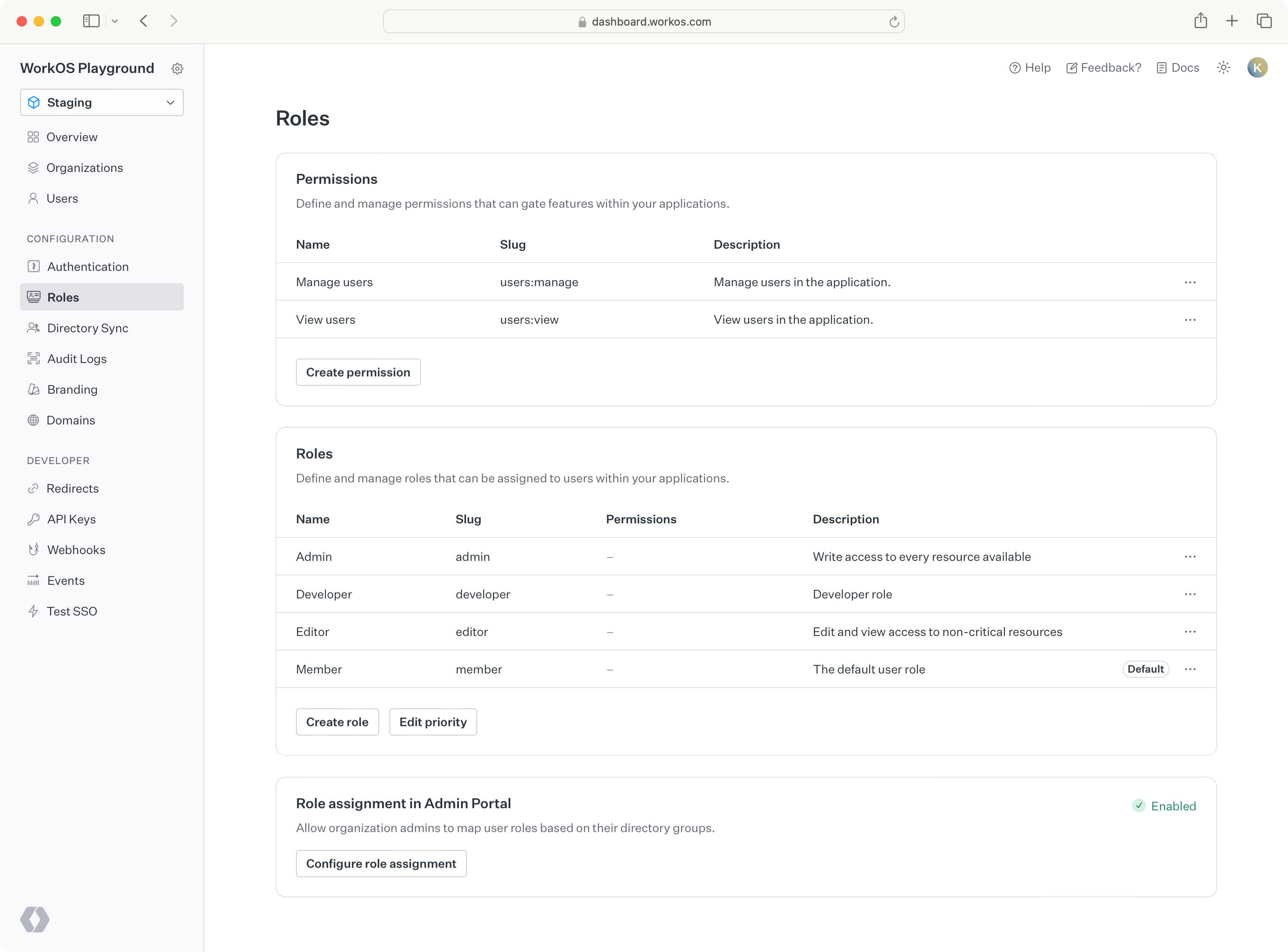 Roles section WorkOS Dashboard
