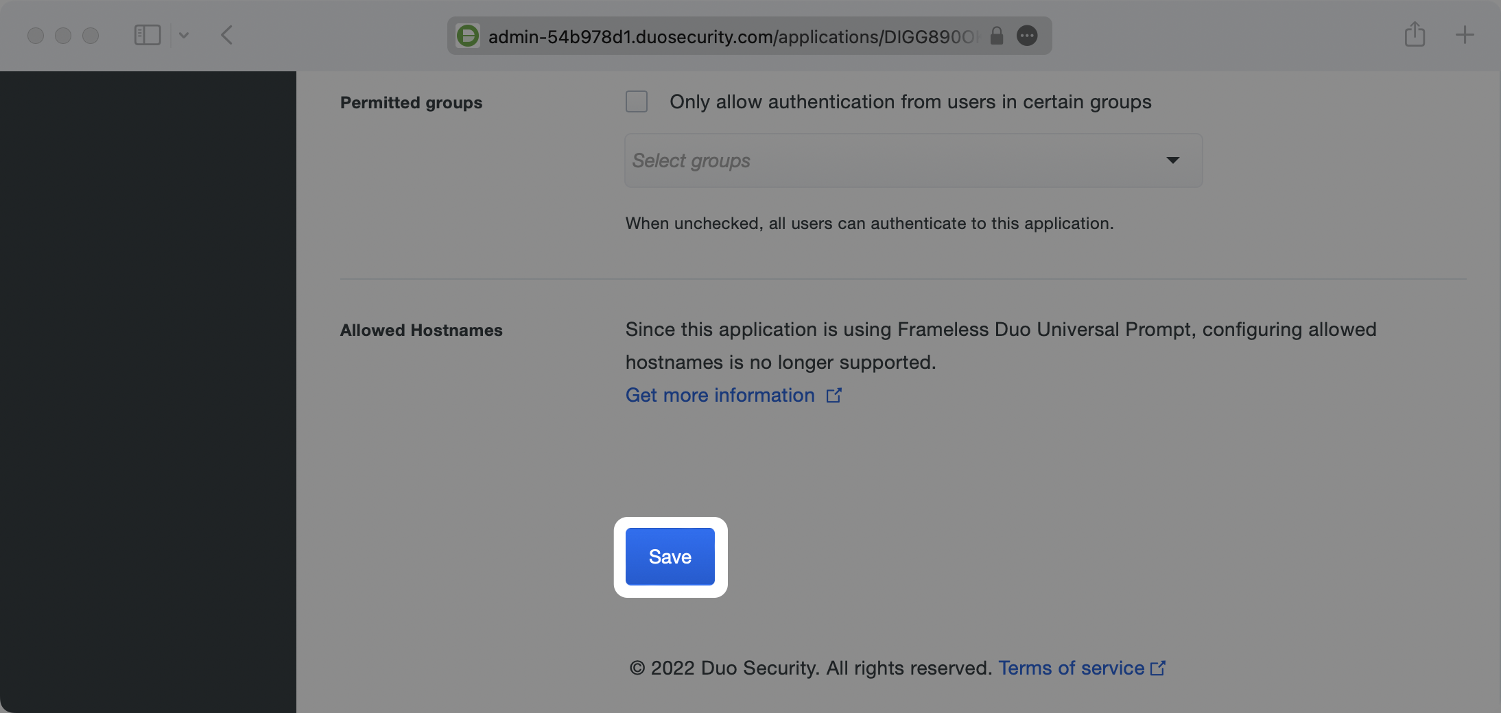 A screenshot highlighting the finished SAML Configuration in Duo.