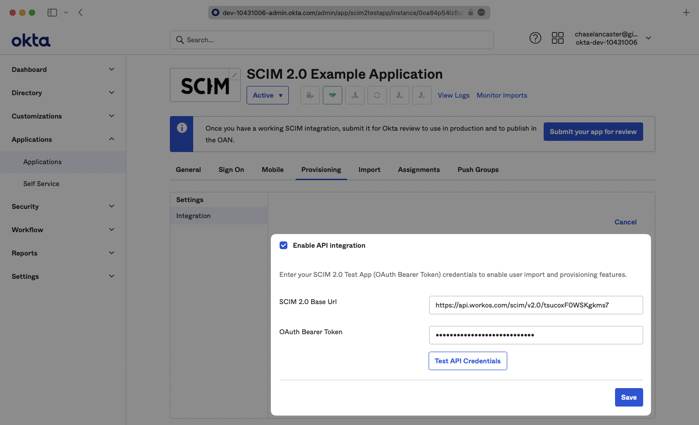 A screenshot showing where to configure the provisioning credentials in the "Provisioning" tab in Okta.