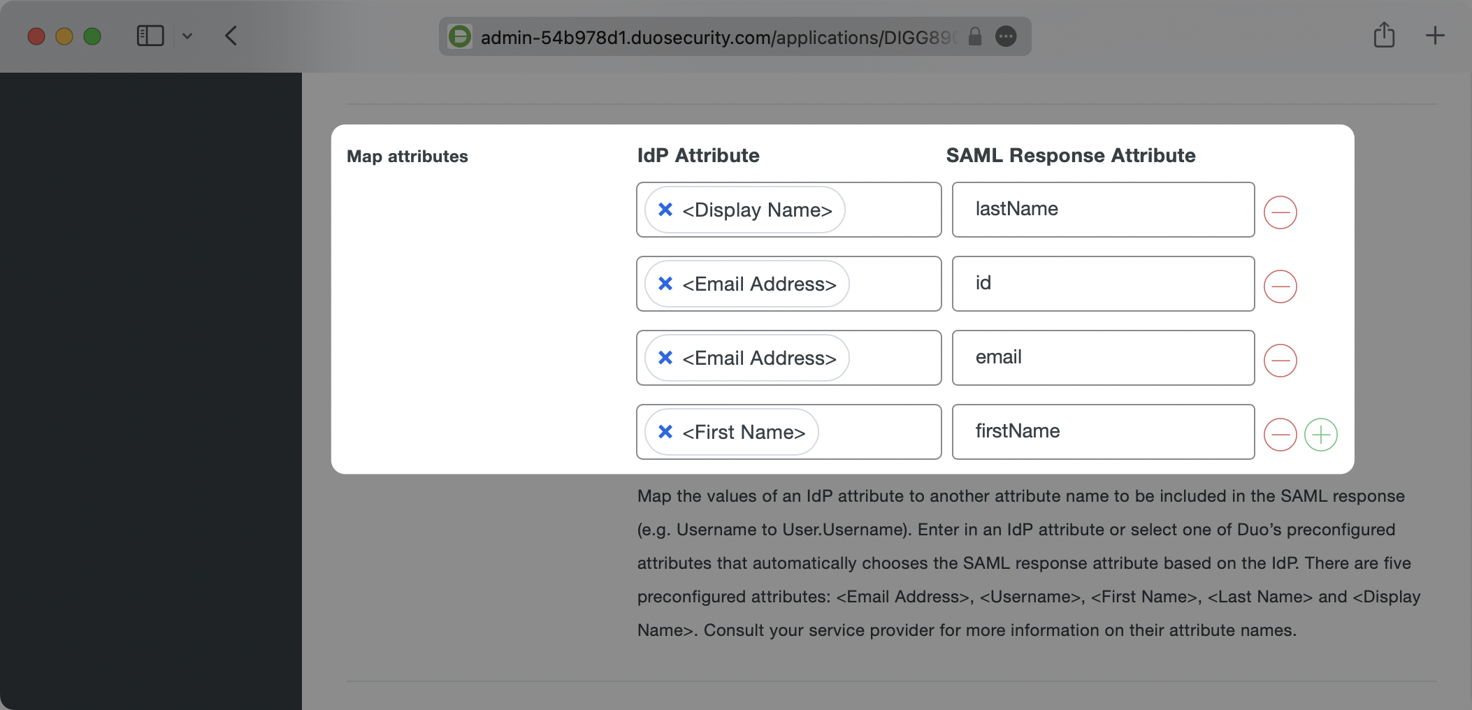 A screenshot showing where to configure SAML Attribute Mapping in Duo.