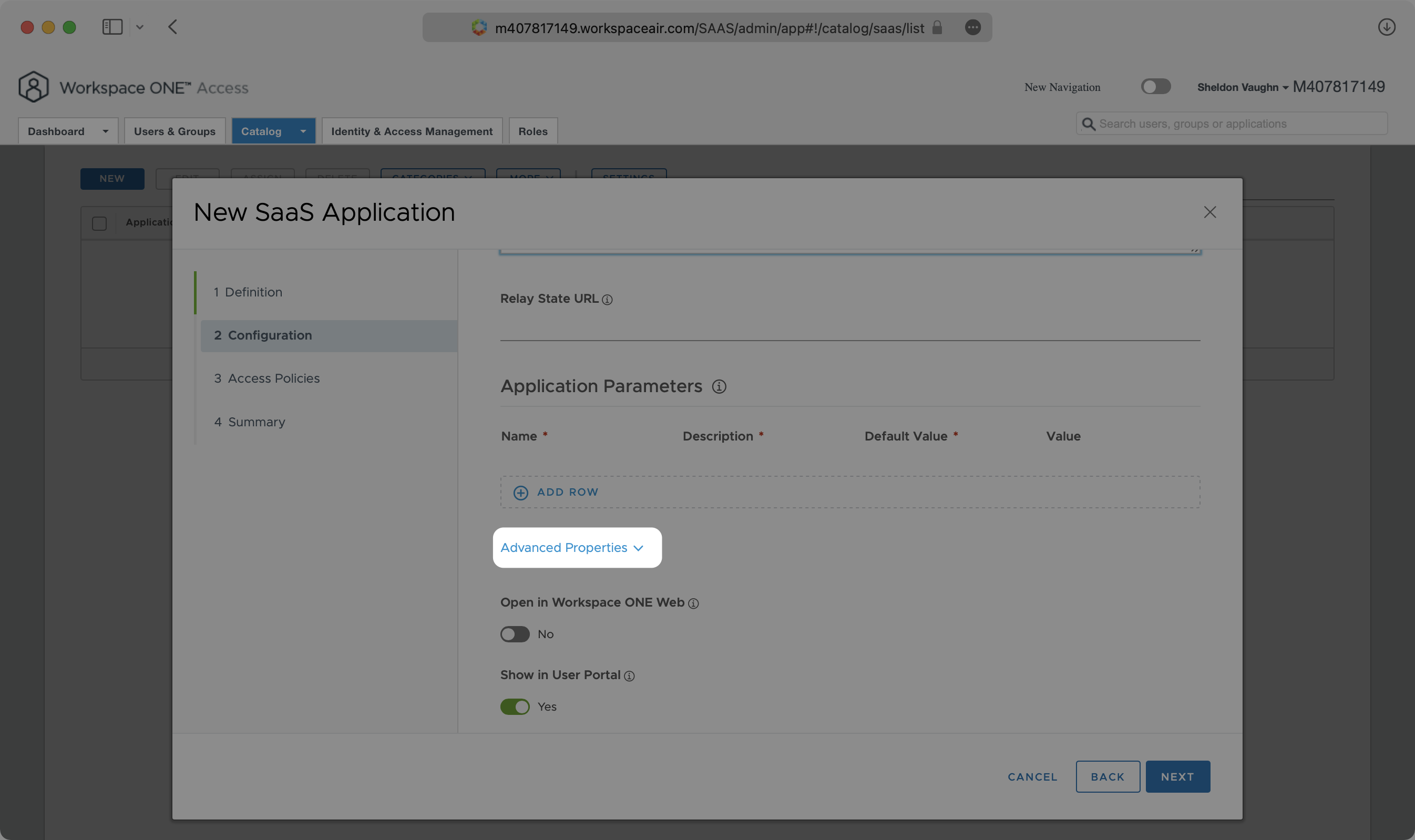 A screenshot showing where to find "Advanced Properties" dropdown in VMWare application.