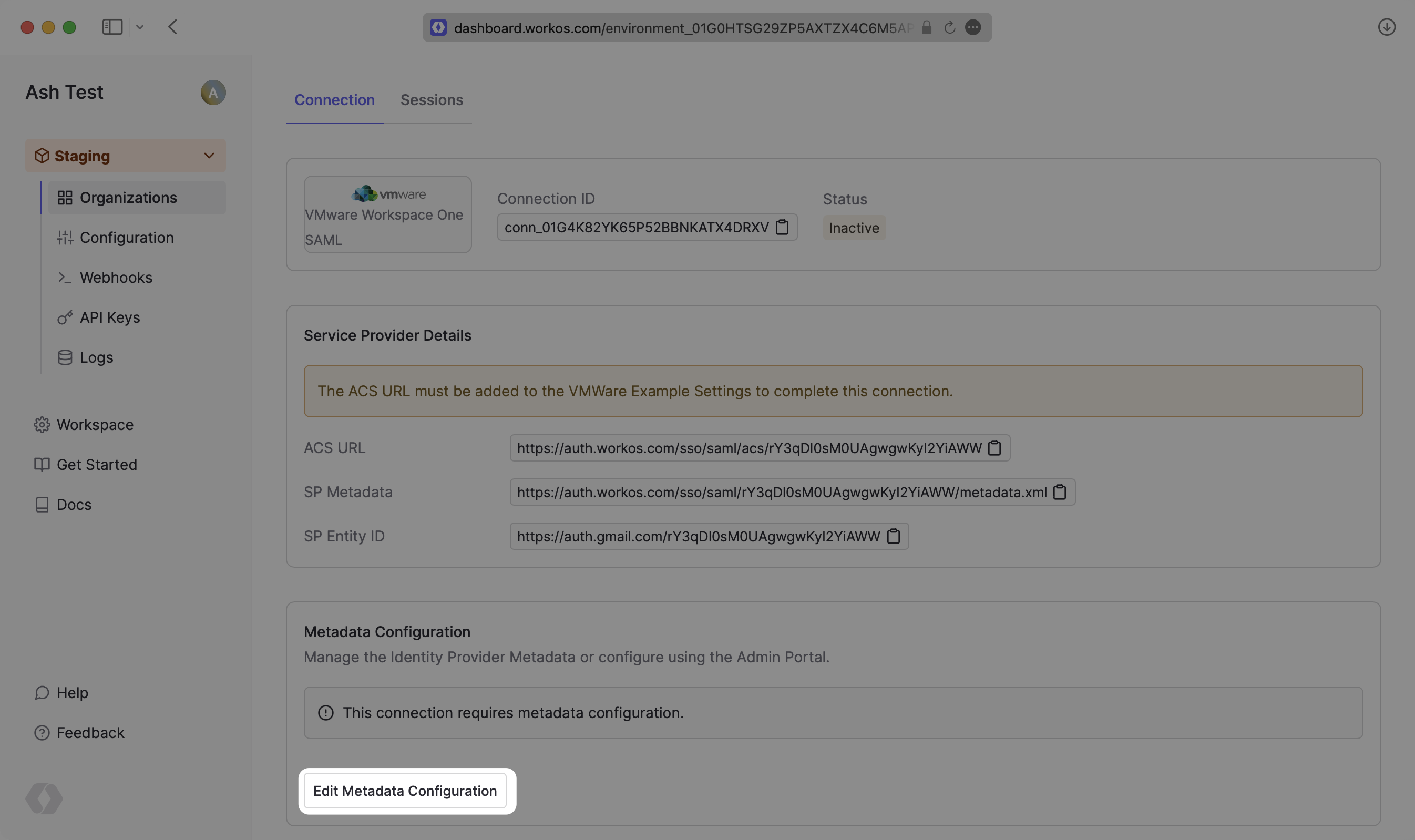 Edit Metadata Configuration in WorkOS Dashboard