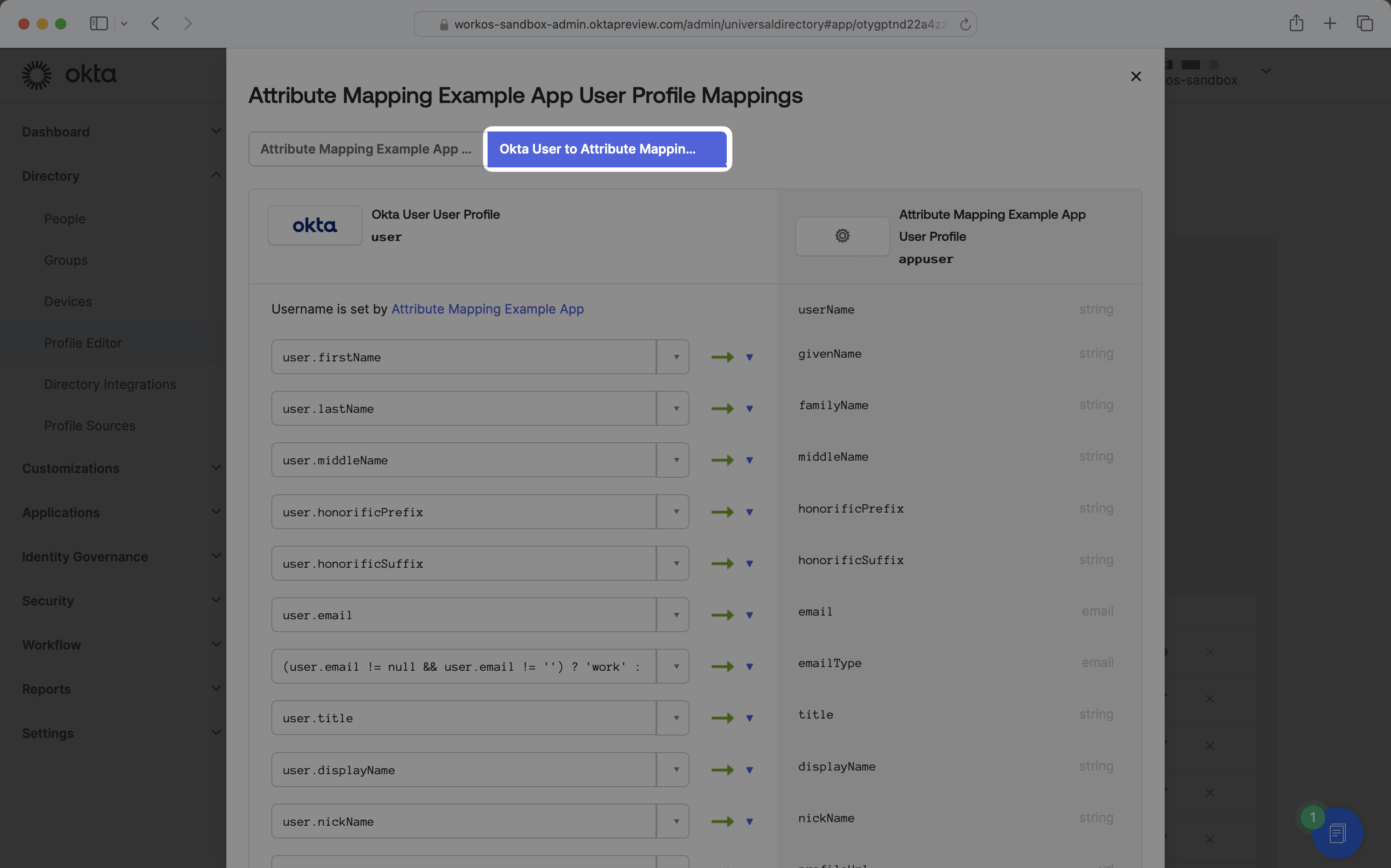 Okta to application mapping tab