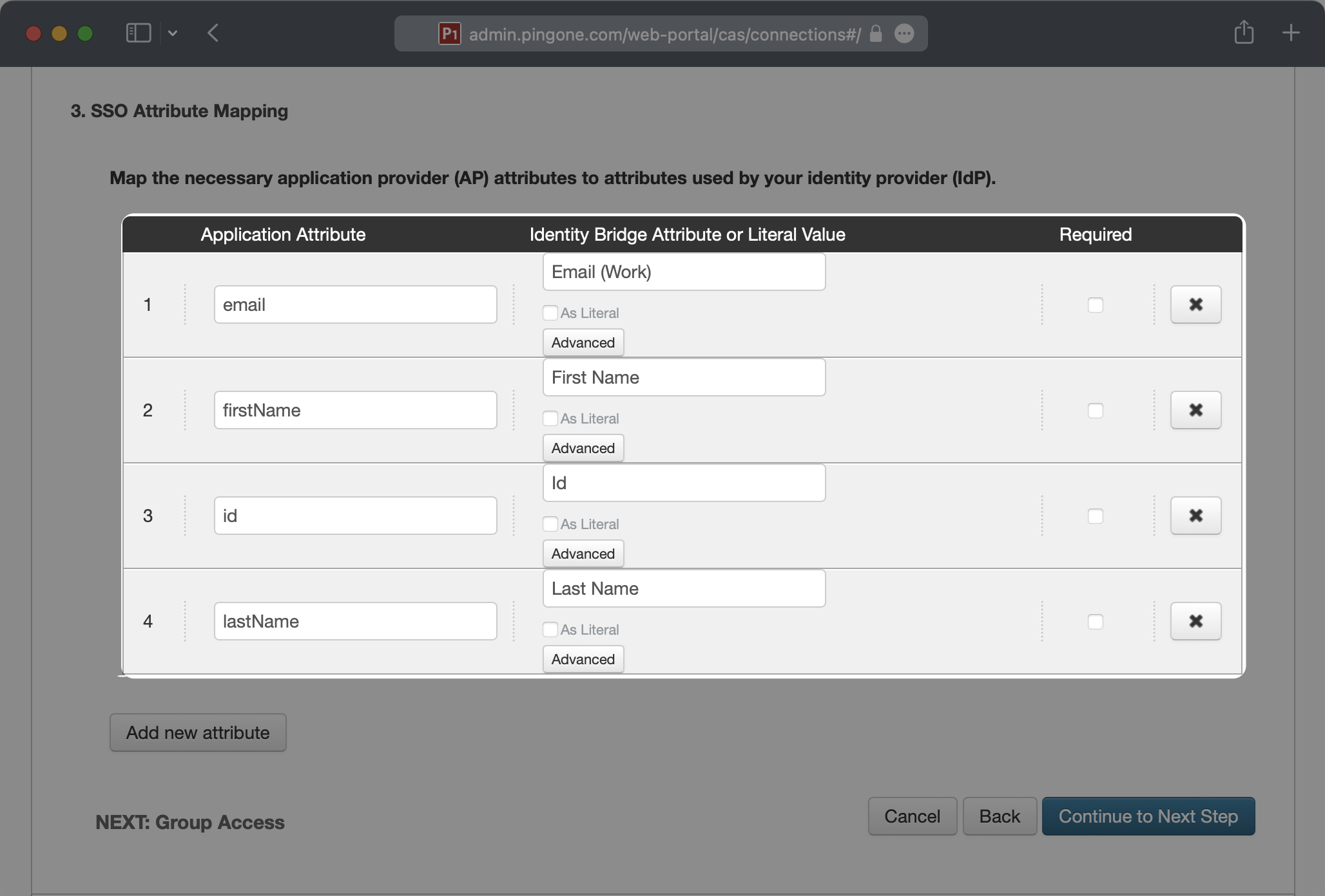 A screenshot showing where to configure SAML attributes in PingOne.