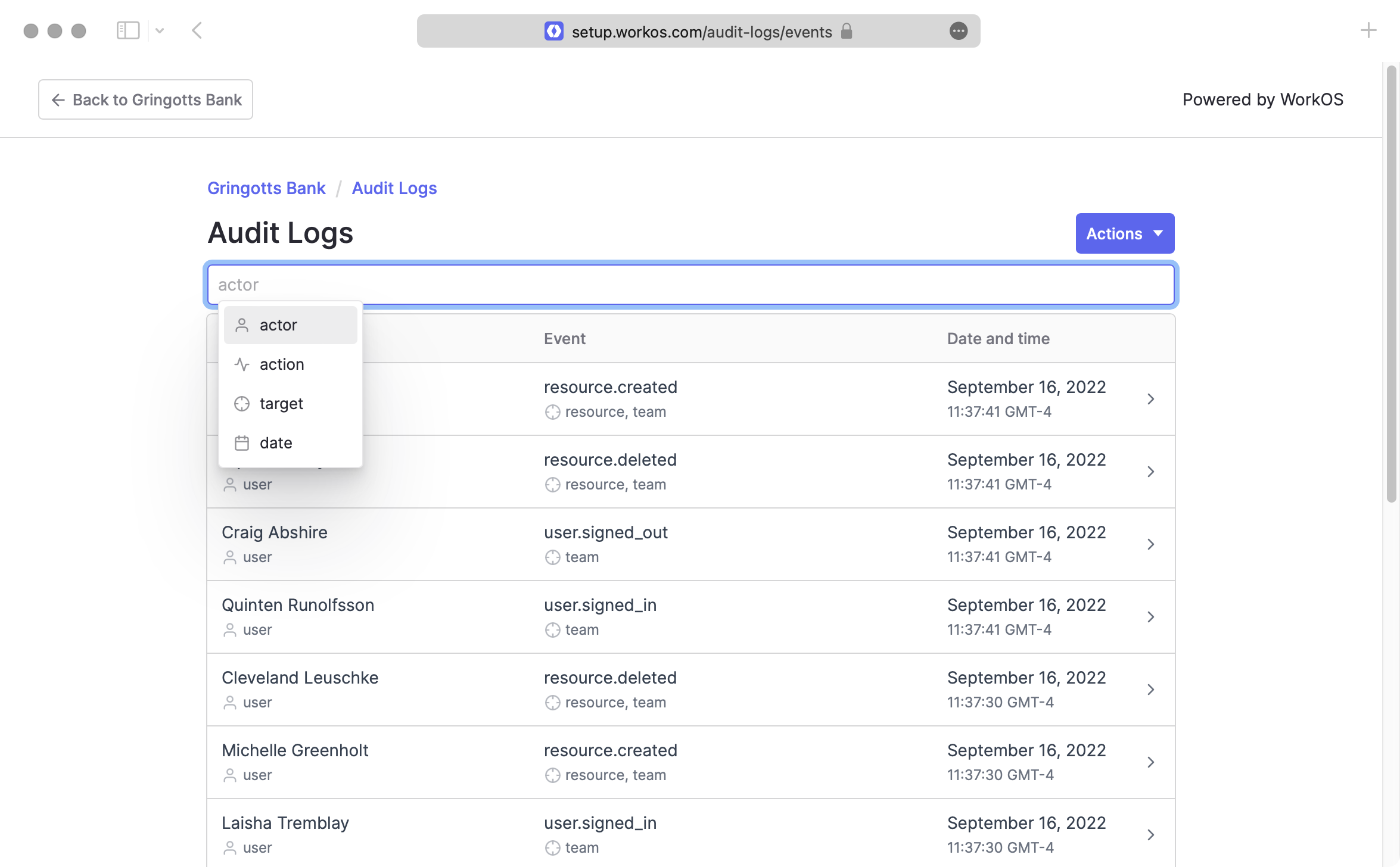 A screenshot showing Audit Log events in the WorkOS Admin Portal.