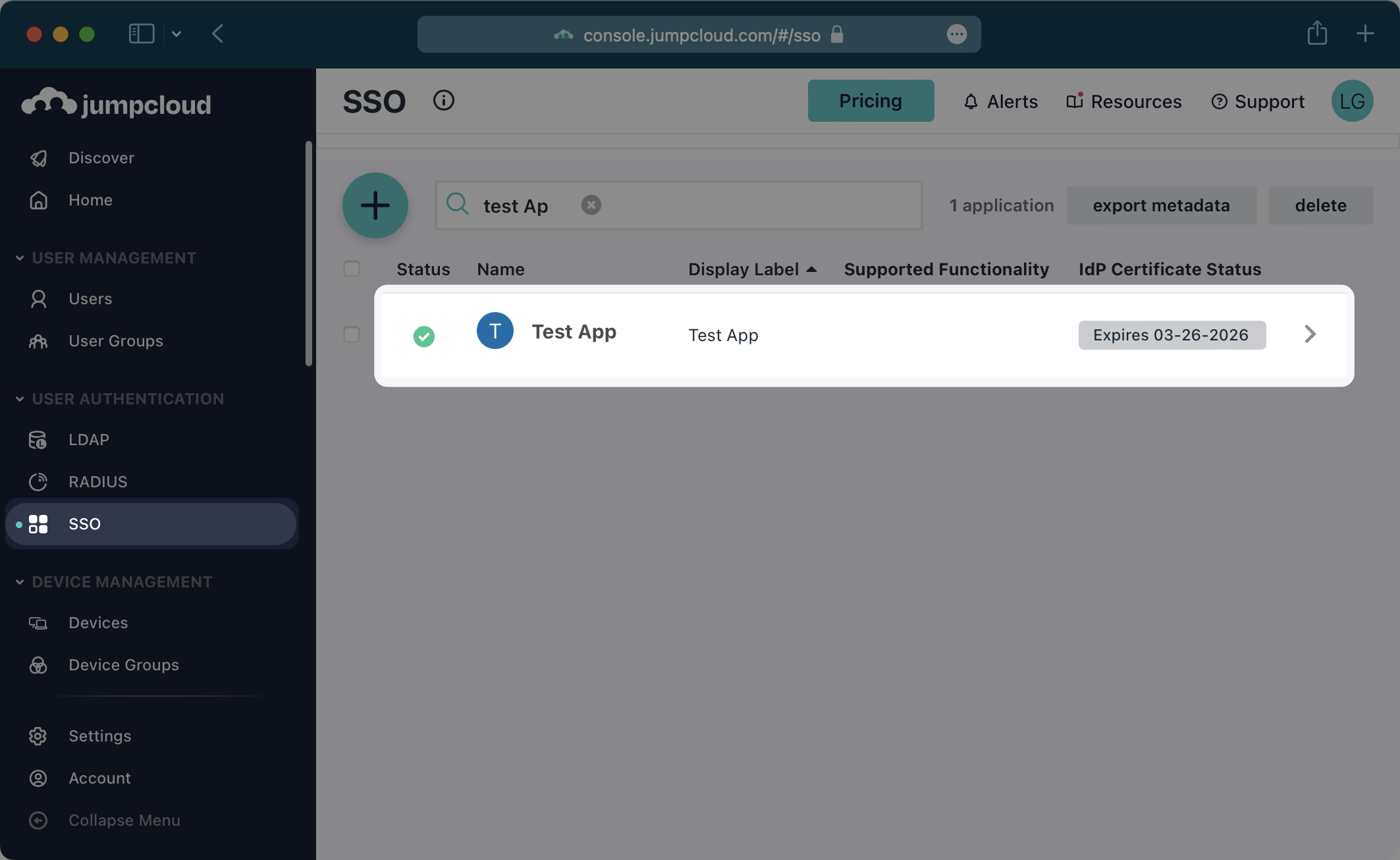 A screenshot highlighting the SSO tab and app selection in the JumpCloud dashboard.