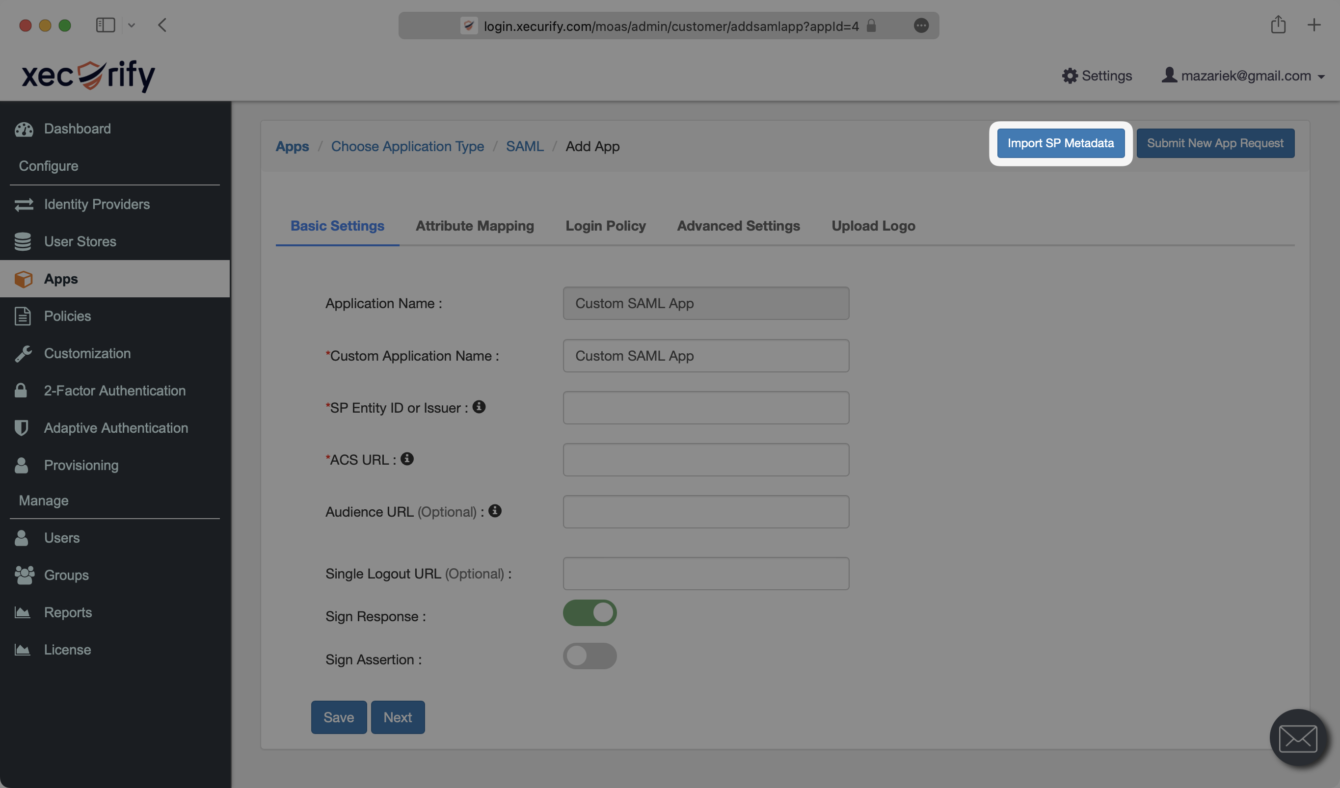 A screenshot highlighting the "Import SP Metadata" button in the miniOrange Dashboard.