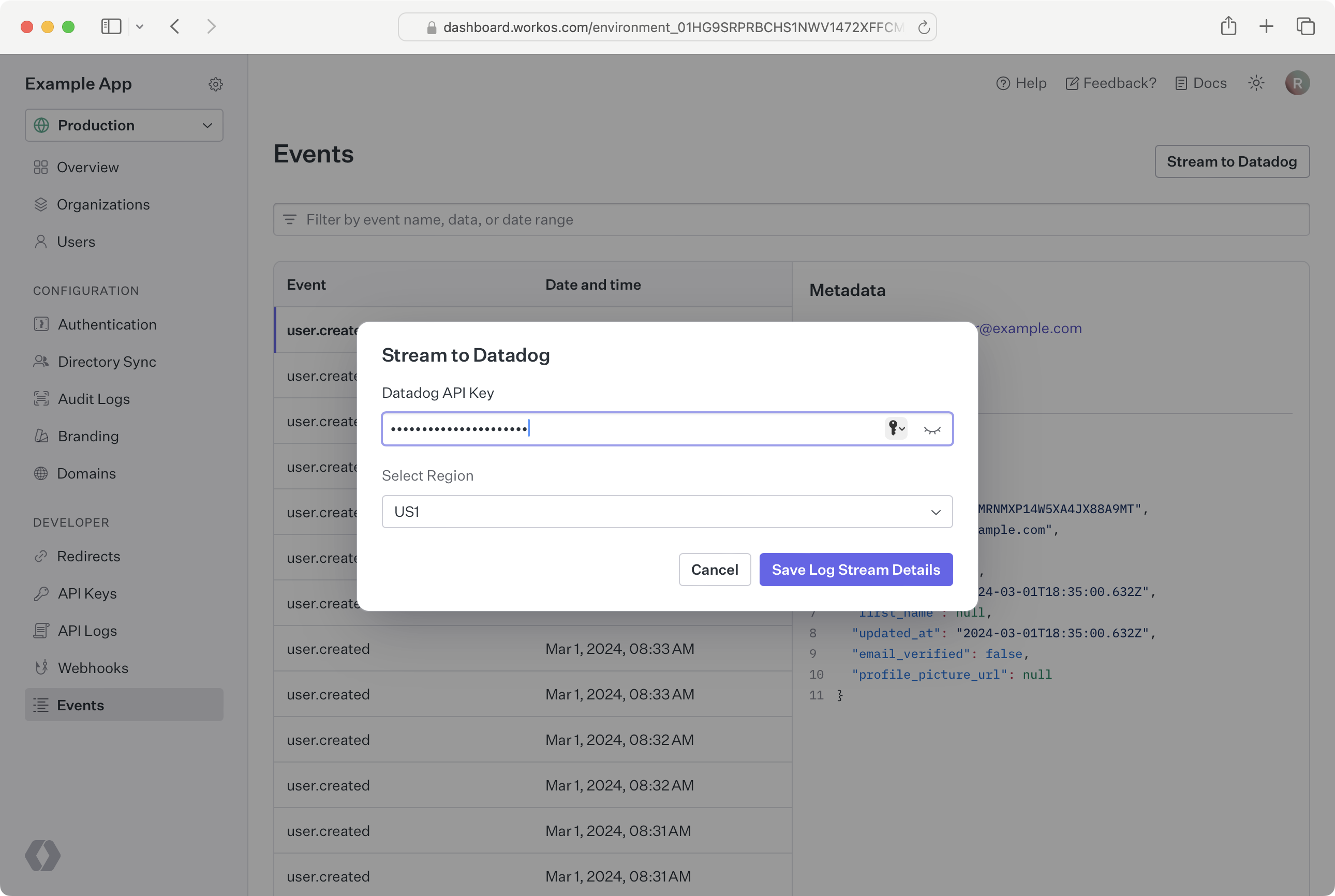 A screenshot showing how to enter a Datadog API key in WorkOS Dashboard.