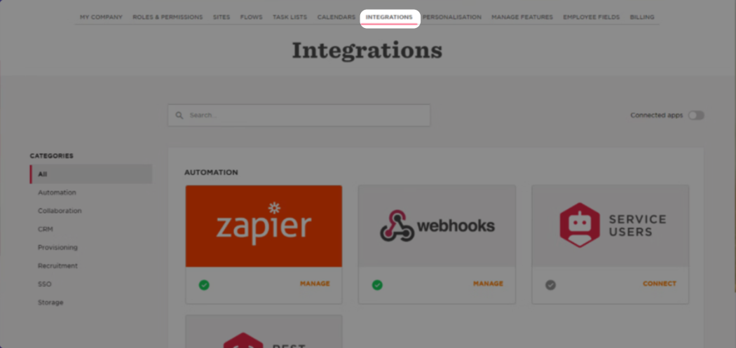 A screenshot highlighting the "Integrations" tab in the HiBob dashboard.