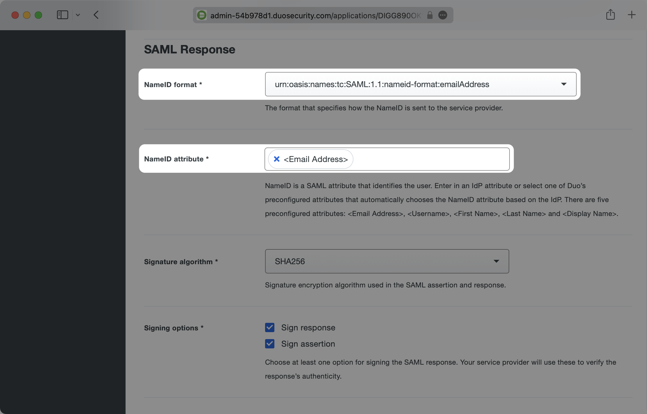 A screenshot showing how to configure SAML Response NameID in Duo.