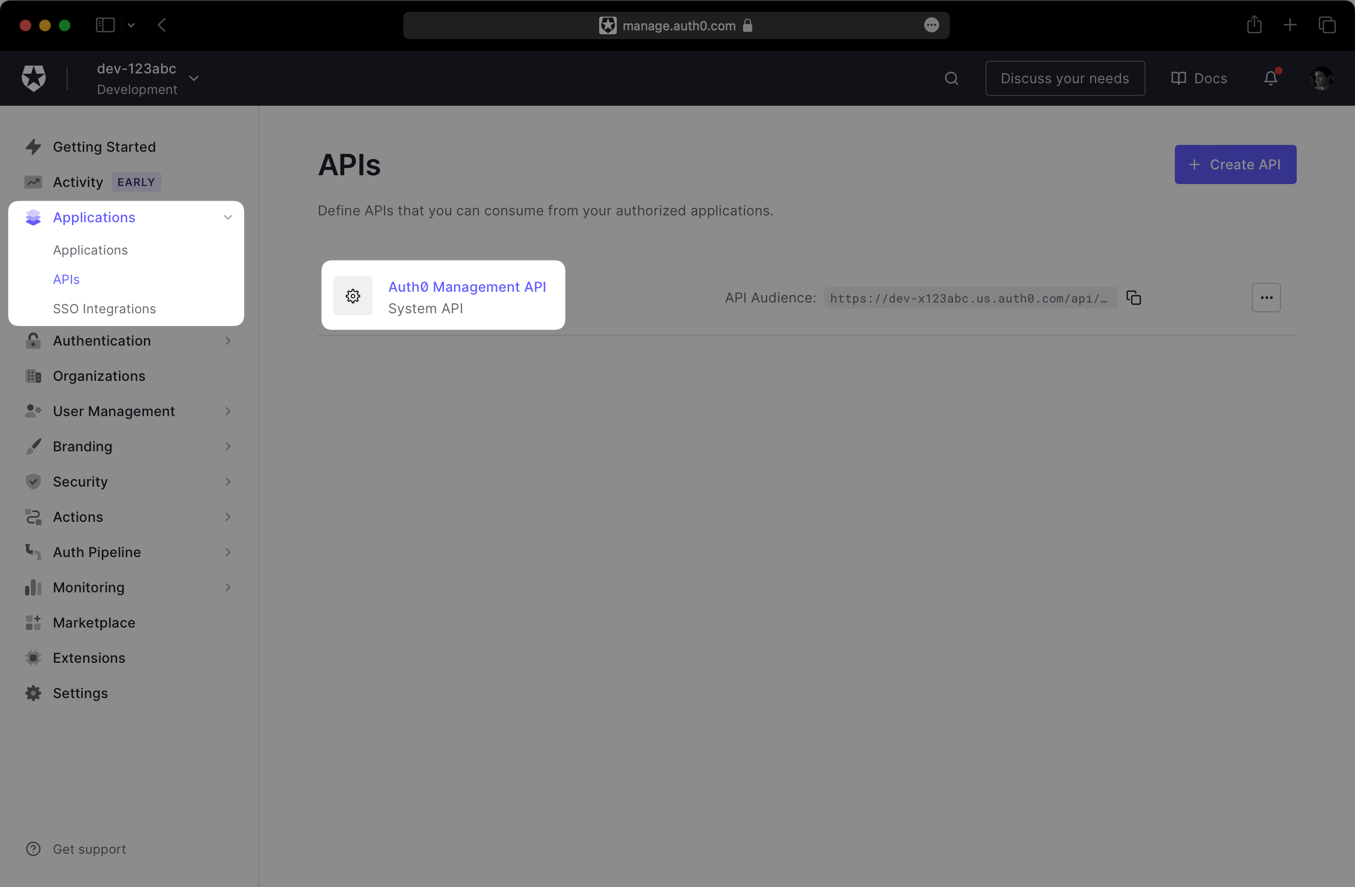 A screenshot showing the “Auth0 Management API” entry on the Auth0 APIs page.