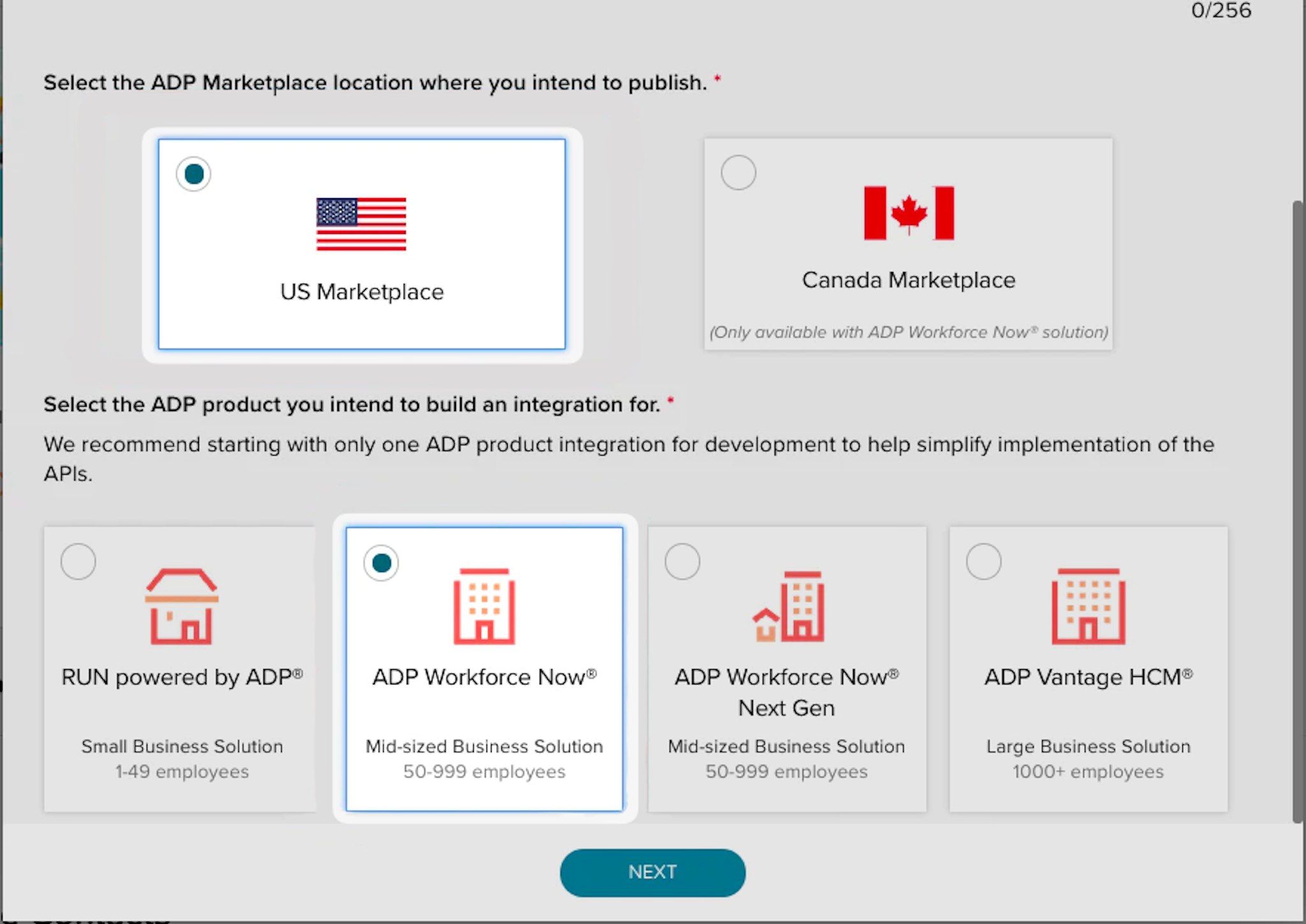 A screenshot showing selection options for the ADP Marketplace in the ADP Partner Self Service Portal.
