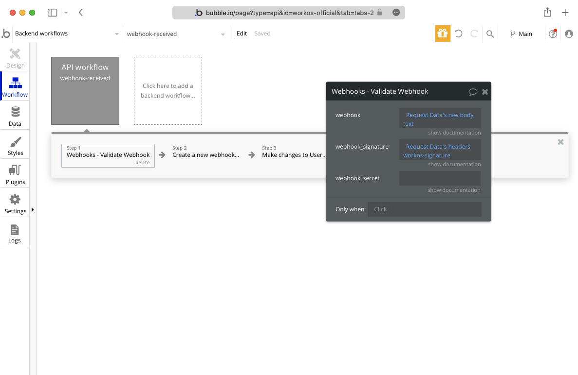 A screenshot showing how to select the webhook validation action in Bubble.